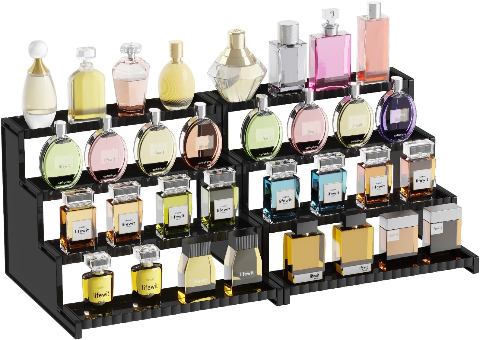 Lifewit 4 Tier Black Display Risers Stand, Plastic Perfume Organizer Cologne Display Stand, for Makeups, Figures, Cupcake, Dessert, Spice, Fragrance, Countertop, Vanity, Dresser, 2 Pack