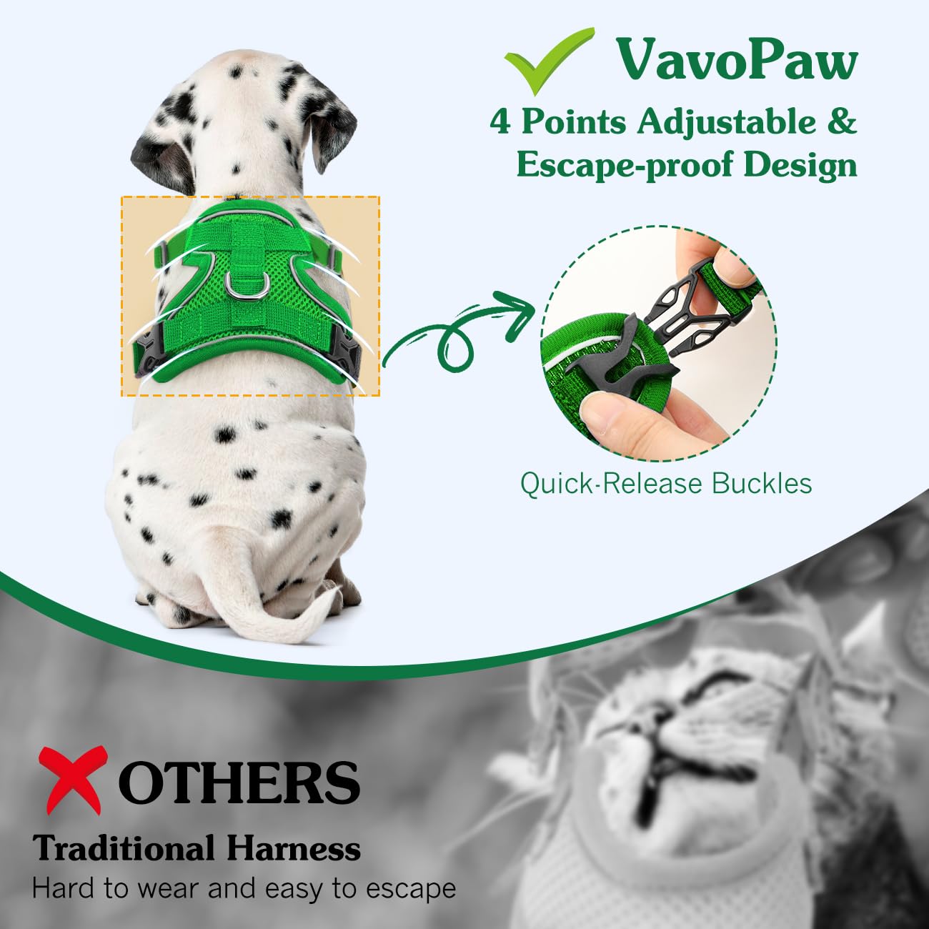 VavoPaw Pettorina per Cani con Guinzaglio da 1,5M, Imbracatura per Gatti Antifuga con Rete Traspirante e Strisce Riflettenti, Gilet Morbido e Regolabile per Cani Gatti, L, Verde Medio