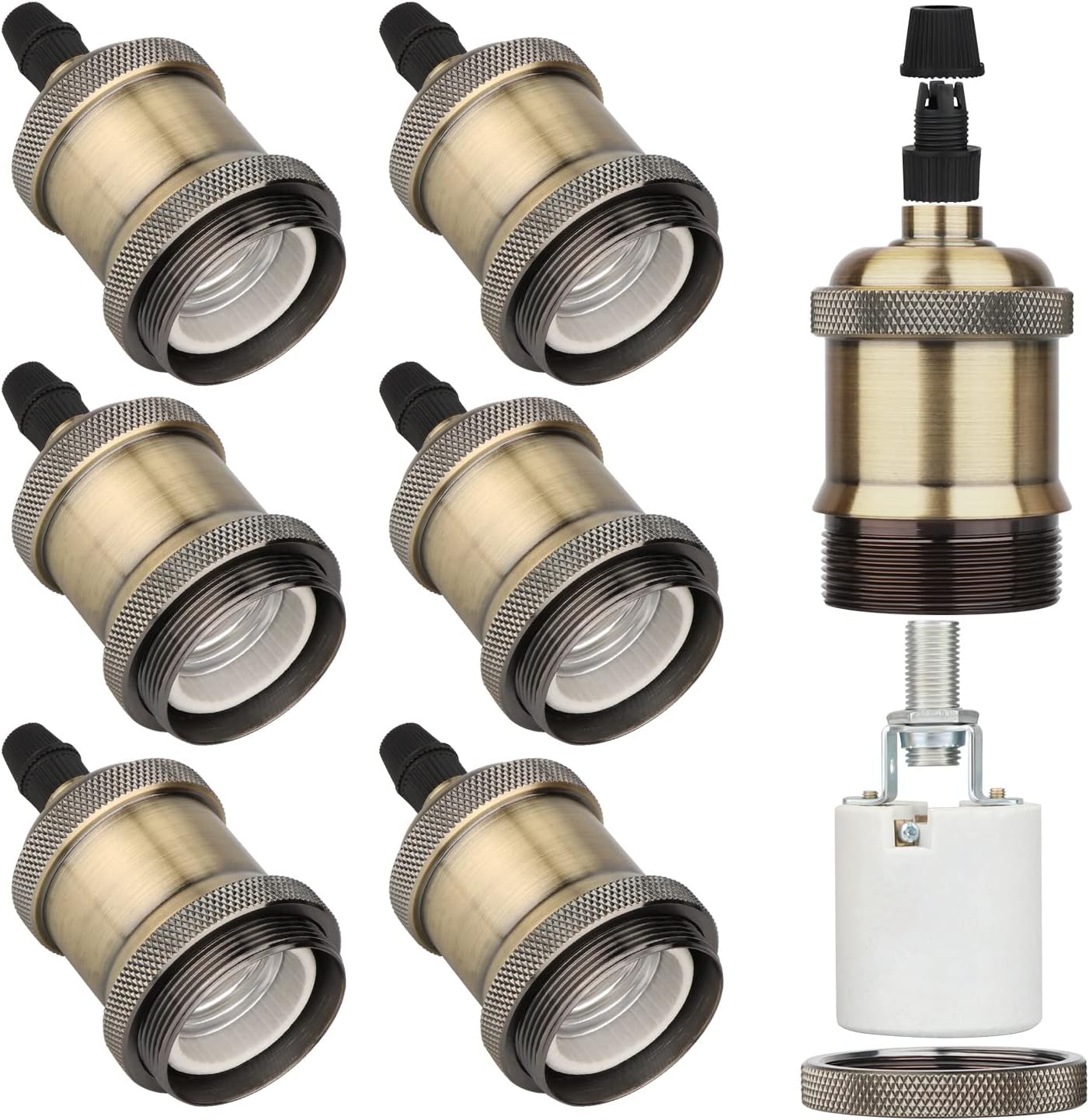E27 Lamp Holder, 6 Pcs E27 Bulb Holder, Bronze Vintage Socket Light Bulb Holder, Ceramic Rated 4A 250V, for DIY Pendant Lamp Ceiling Hanging Light Retro Style Edison Screw Bulb Holder Adaptor