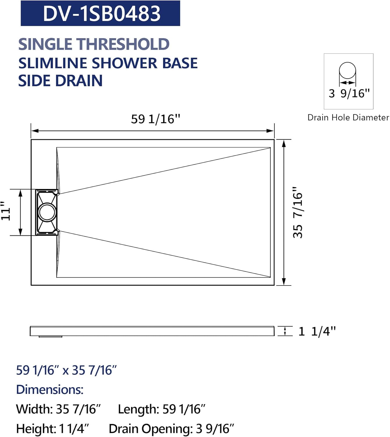 DeerValley 60''L × 36''W Zero Threshold Shower Base with 3 Removable Flanges, Reversible Drain Placement, SMC Shower Tray, Wheelchair Access, Non-Slip, Low Profile Shower Pan in White, DV-1SB0483