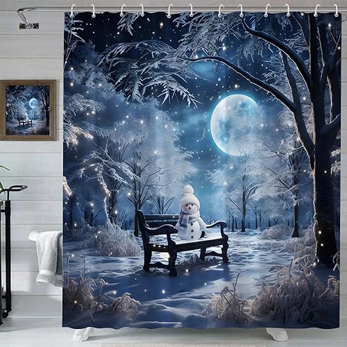 Miniatura 2 de Cortina de ducha de invierno con luna llena, color azul de ensueño, para Navidad, bosque, parque, banco, muñeco de nieve, pino exuberante, nieve,