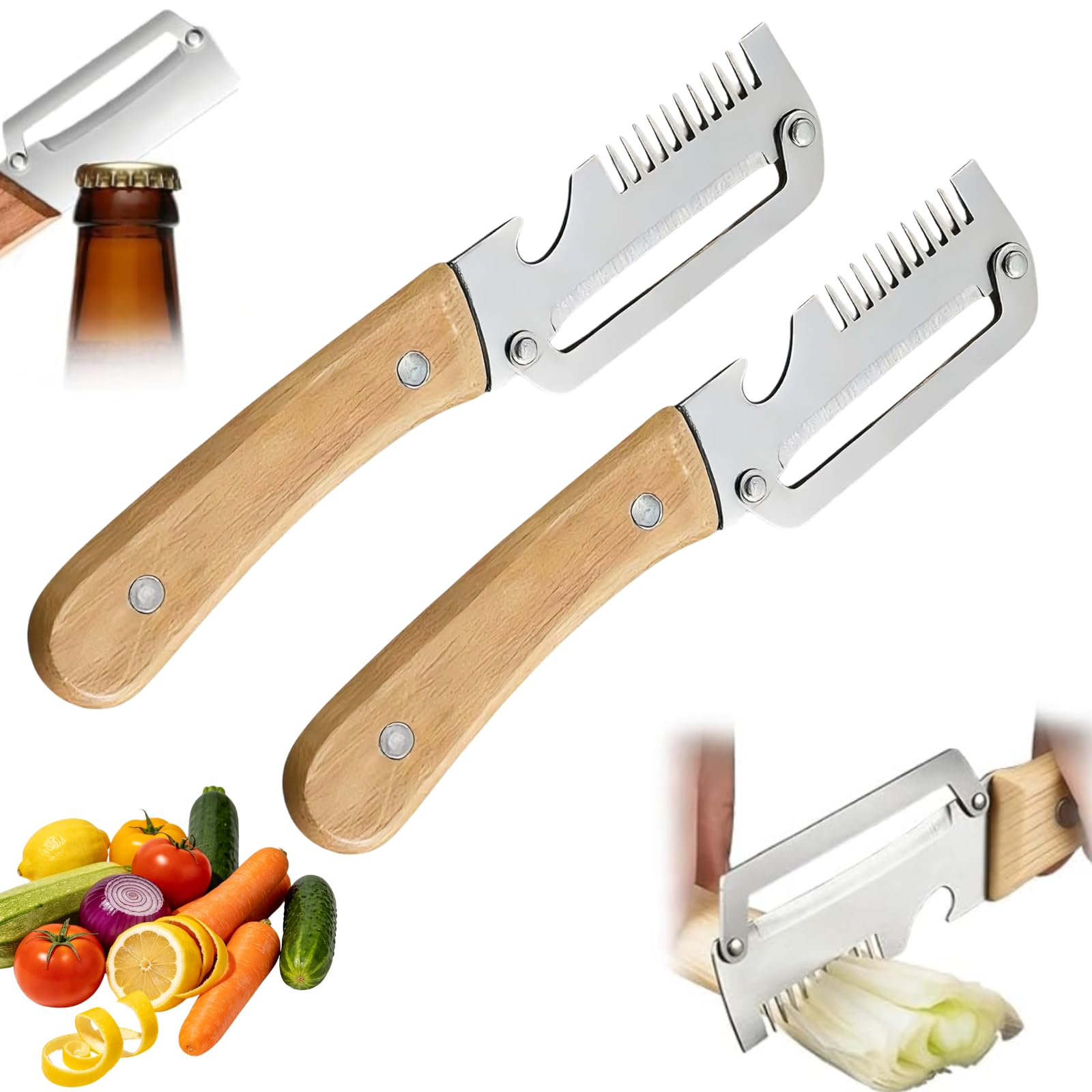 Multifunctional Vegetable Peeler for Kitchen, 2026 New Stainless Steel Peeler with Wooden Handle and Bottle Opener, 3 in 1 Veggie Slicer for Potato Apple Carrot Pumpkin (3in1-Brown-2pcs)