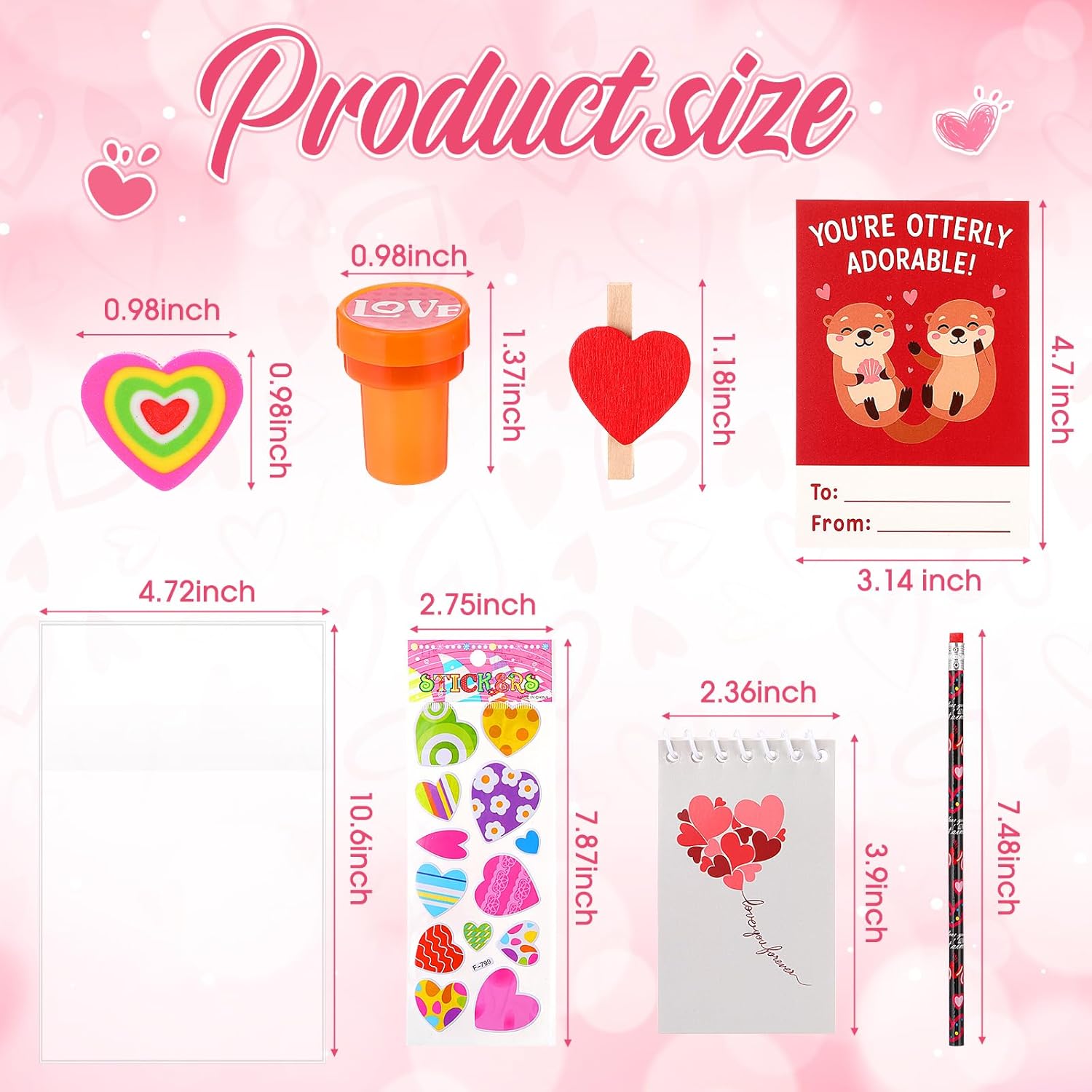 24 Packs/264 Pcs Valentines Day Stationery Gifts Set Includes Stampers Notebooks Pencils Stickers Erasers Cards and Bags Office Valentines Day Exchange Gifts