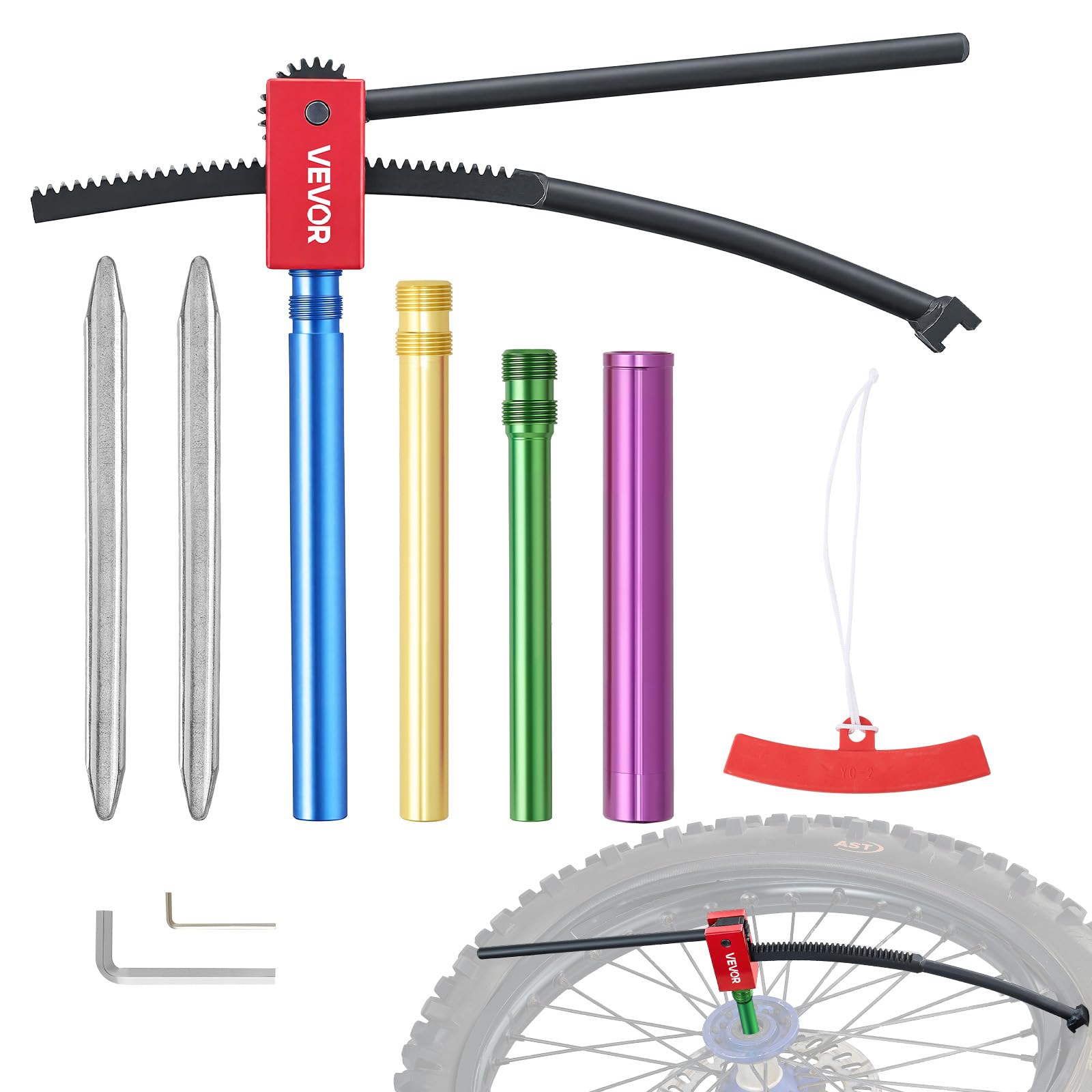 VEVOR Ściągacz opon do motocykli krzyżowych, kompatybilny z kołami 406-533 mm, adaptery osi 15-25 mm, zmieniacz opon Motocross z dźwigniami, pokrowiec ochronny