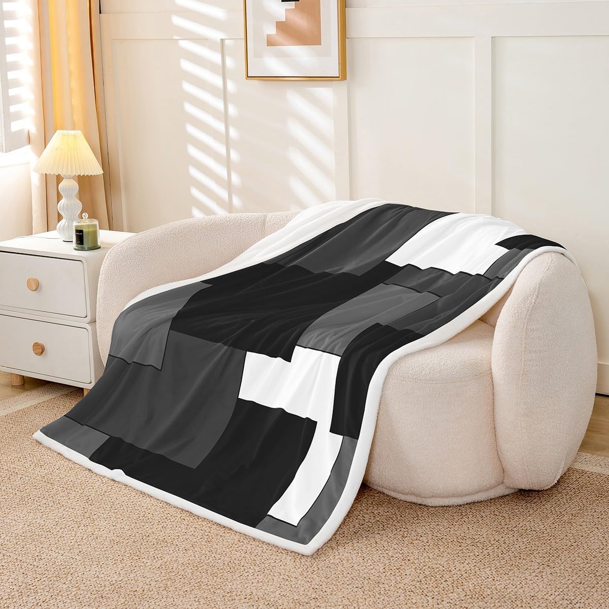 Erosebridal Geometric Throw Blanket Twin 60x80 Inch for Bedroom Living Room Sofa Couch,Grey Black White Checkered Fleece Blanket,Square Plaids Fuzzy Blankets,Modern Luxury Sherpa Blankets