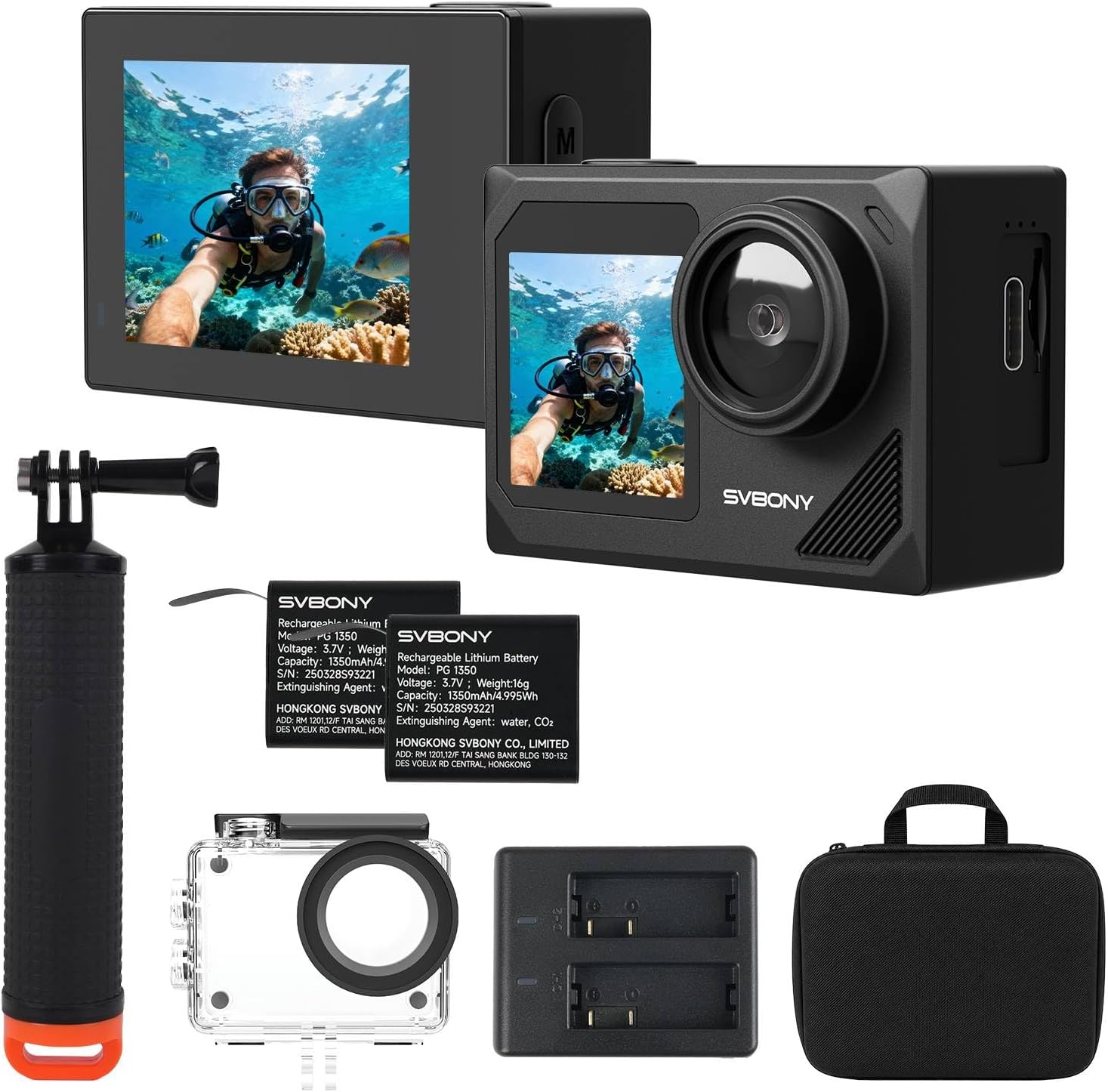 SVBONY SVGo2 4K/30fps Action Camera Snorkeling Kit with Floating Hand Grip & Anti-Fog Inserts, Dual Screen Underwater Waterproof Camera 98FT, EIS 2.0, 5X Zoom, 2 Batteries for Diving Water Sports