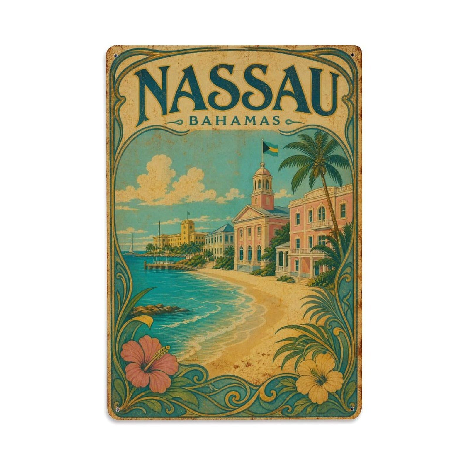Vintage Travel Bahamas Nassau Metal Tin Sign