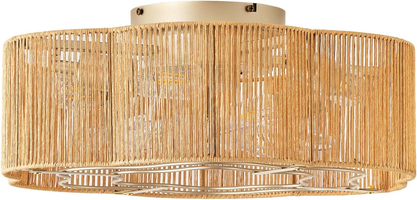 Caged Ceiling Fan with Lights, Flush Mount 20" Boho Ceiling Fans with Lights Remote Control, Low Profile Bladeless Rattan with 6 Speeds for Bedroom, Nursery, Kitchen
