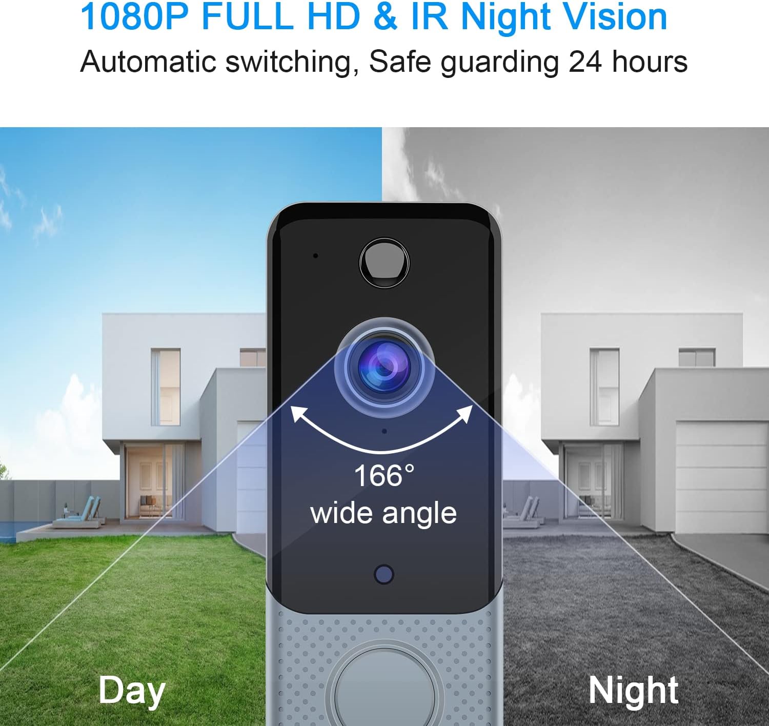 GERI 【Free Cloud Storage】 Wireless Video Doorbell Camera 1080P WiFi Door Bell with Chime, PIR Motion Detection, Two-Way Audio, IR Night Vision, 166°Wide Angle, IP65 Waterproof, Rechargeable Batteries