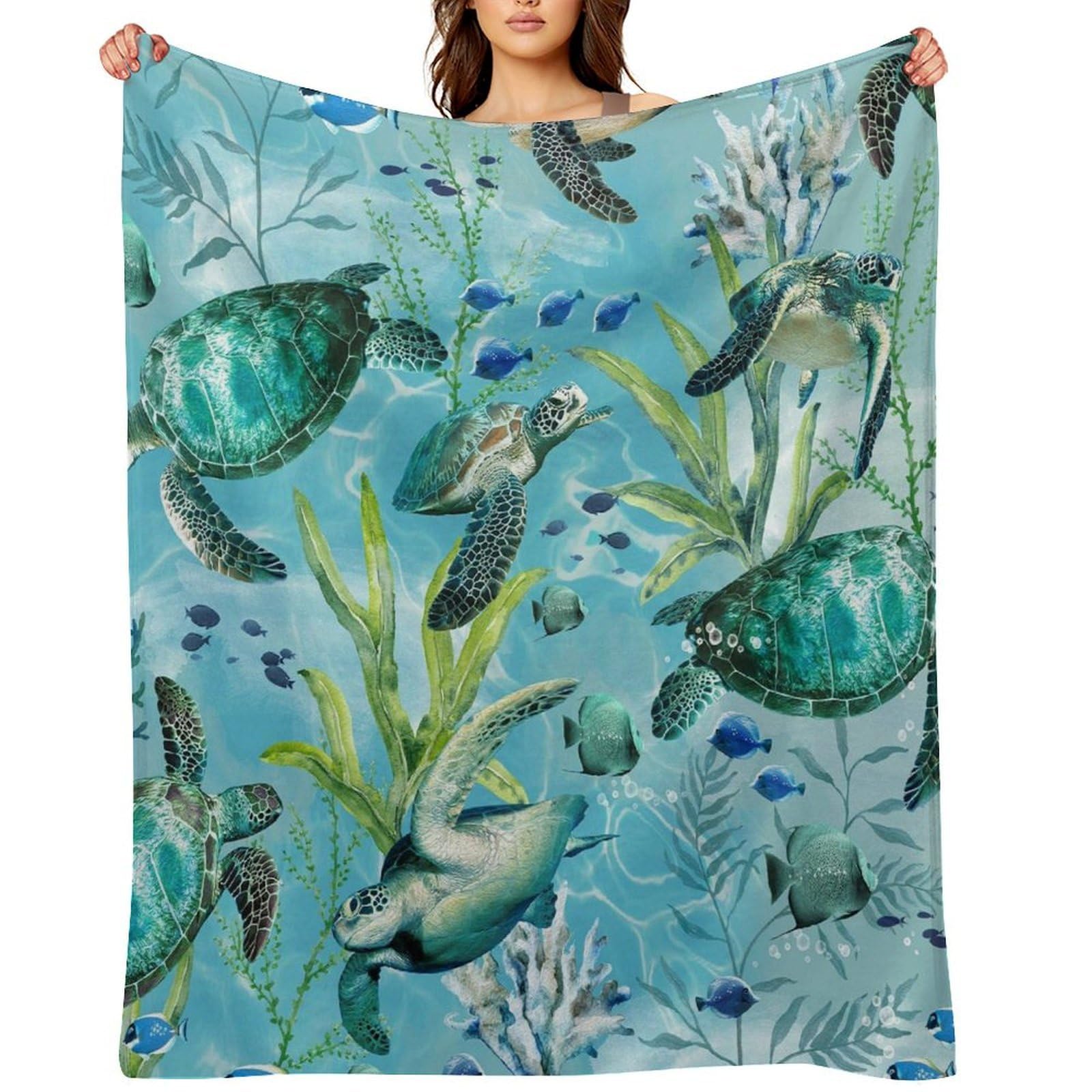 Sea Turtle-Blue Throw Blanket for Couch and Bed Super Soft Warm Lightweight Throw Blankets Cozy Fuzzy Flannel Blanket Personalized Decorative Blankets for Sofa Decor 60"x80"