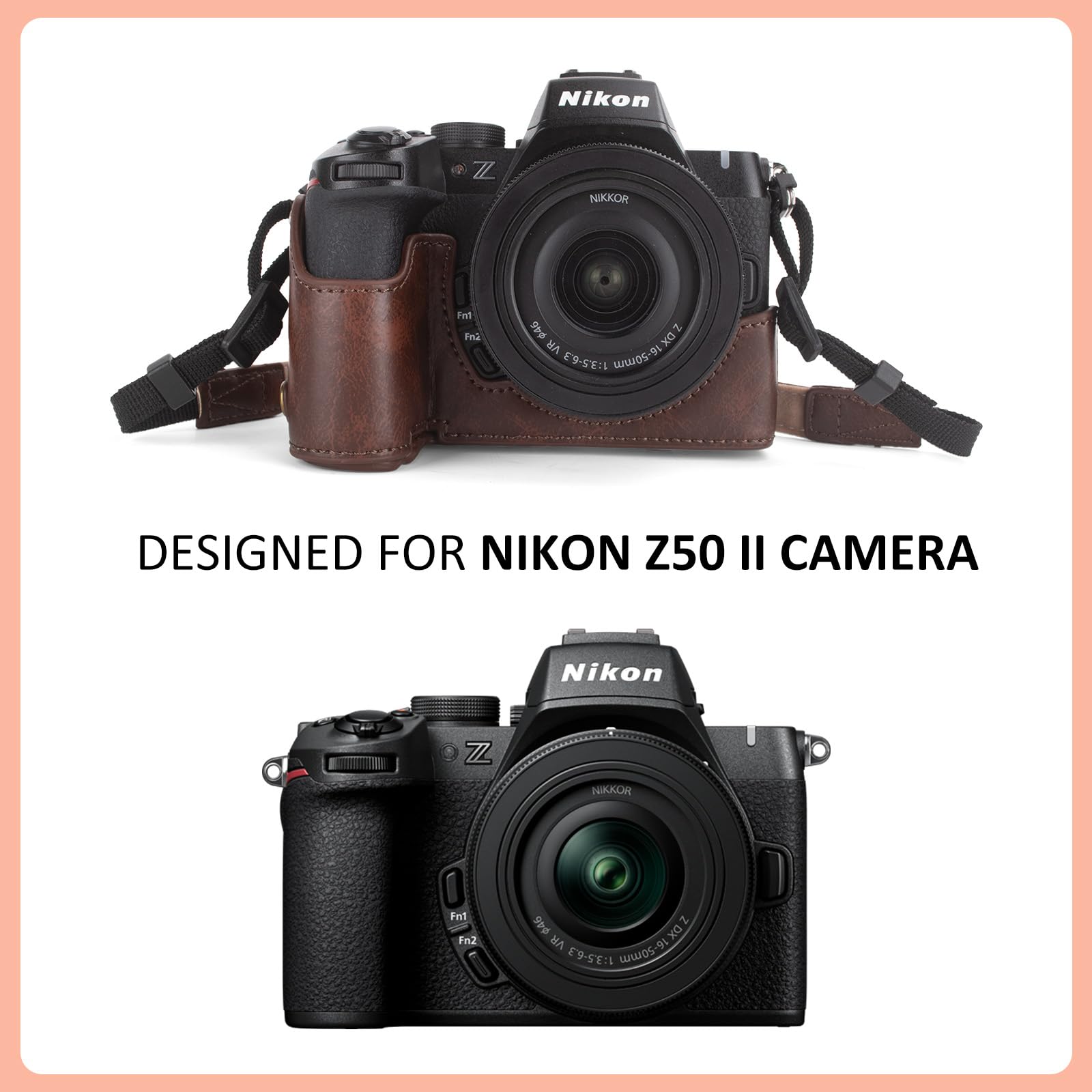 MUZIRI KINOKOO Etui do aparatu Nikon Z50 II z obiektywem DX 16-50 mm, etui ochronne ze skóry PU Z50 II/Z50II – zdejmowany futerał z paskiem na ramię i małymi pierścieniami, Kawa, Etui na aparat