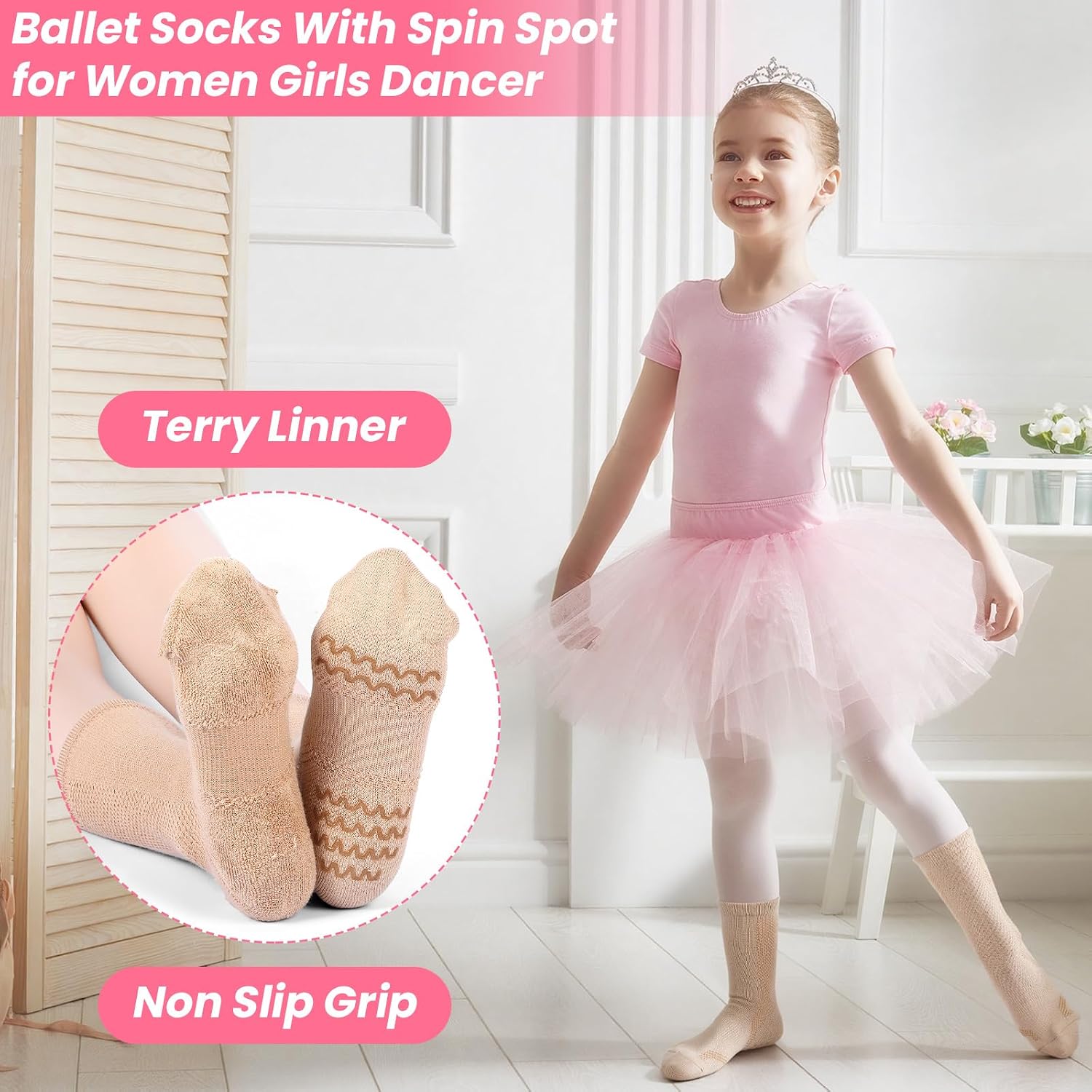 Twistover Dance Non Slip Socks Dancing Socks with Spin Spot Compression Ankle Ballet Dance Stockings for Dancer Women Girls