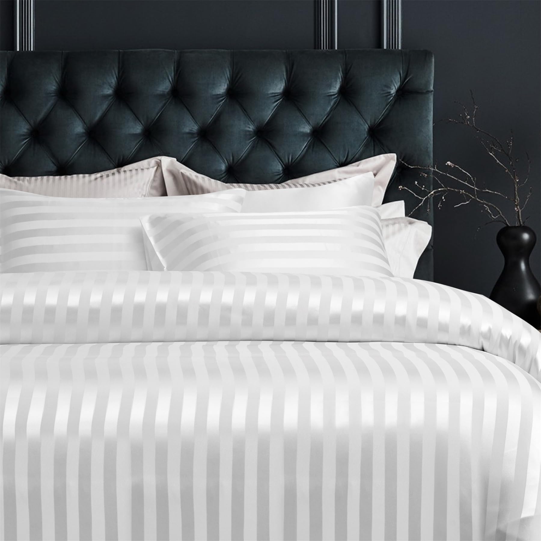 Copripiumino in Raso 220 x 240 bianco a righe lucido Deluxe Parure da letto in raso morbido setoso seta biancheria da letto per 2 persone adulte con cerniera con federe 65 x 65 cm