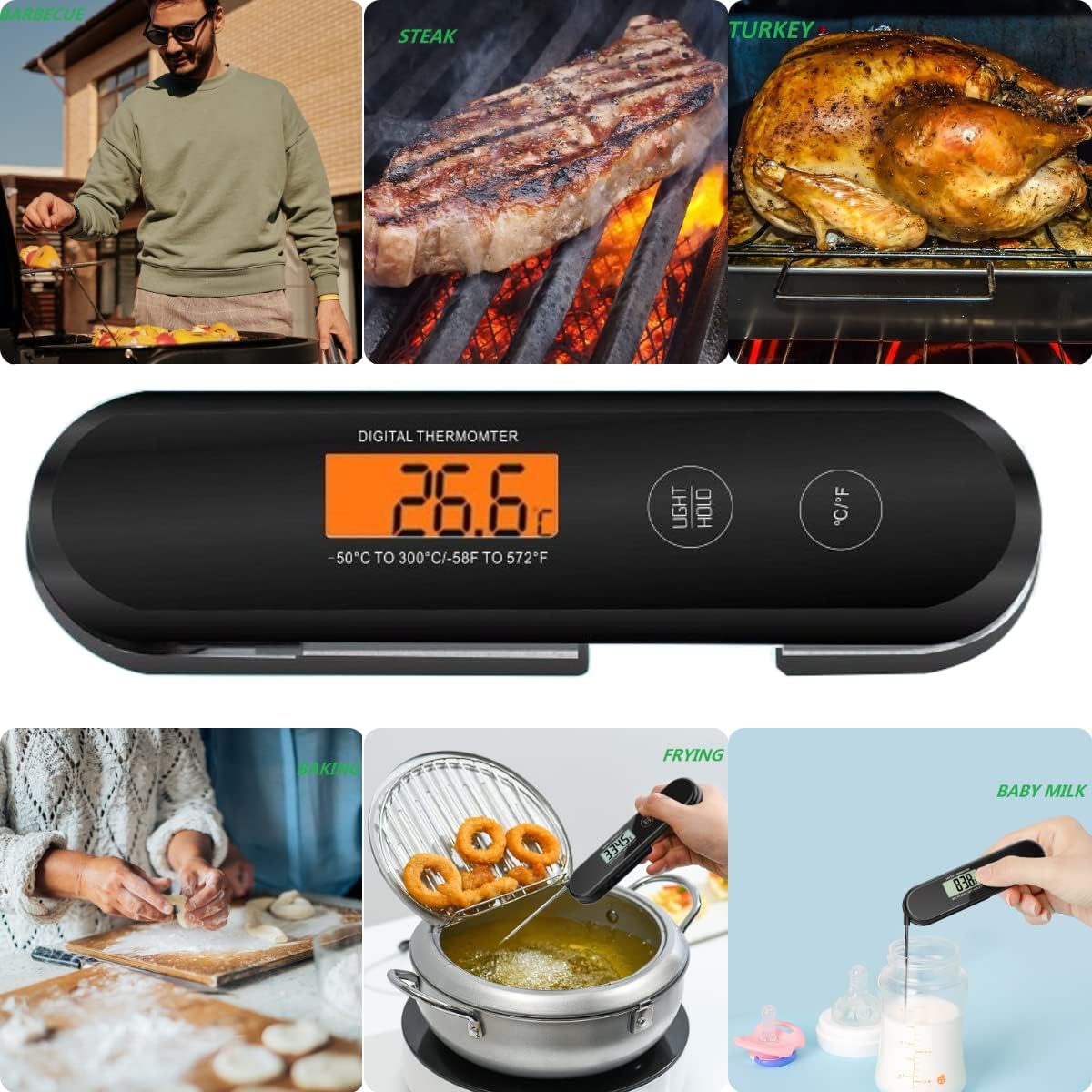 review Digital Meat Thermometer for Cooking with Probe and Backlight，IP67 Waterproof CookingThermometer for Grilling BBQ, Kitchen Cooking,Candy,Oil and Roast Turkey ,Instant Read Thermometer Digital(Black)