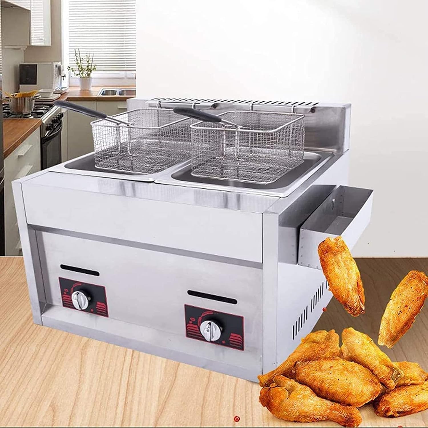 Commercial Countertop Gas Fryers,Countertop Kitchen Frying Machine with Baskets and Temperature Control,for French Fries Home Kitchen Restaurant