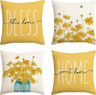 4er Set Outdoor Wasserabweisende Kissenbezüge 45x45cm, Leinen Gelbe Pflanzen Blumen Dekokissen, Moderner Naturstil für Wohnzimmer Sofa Garten Balkon