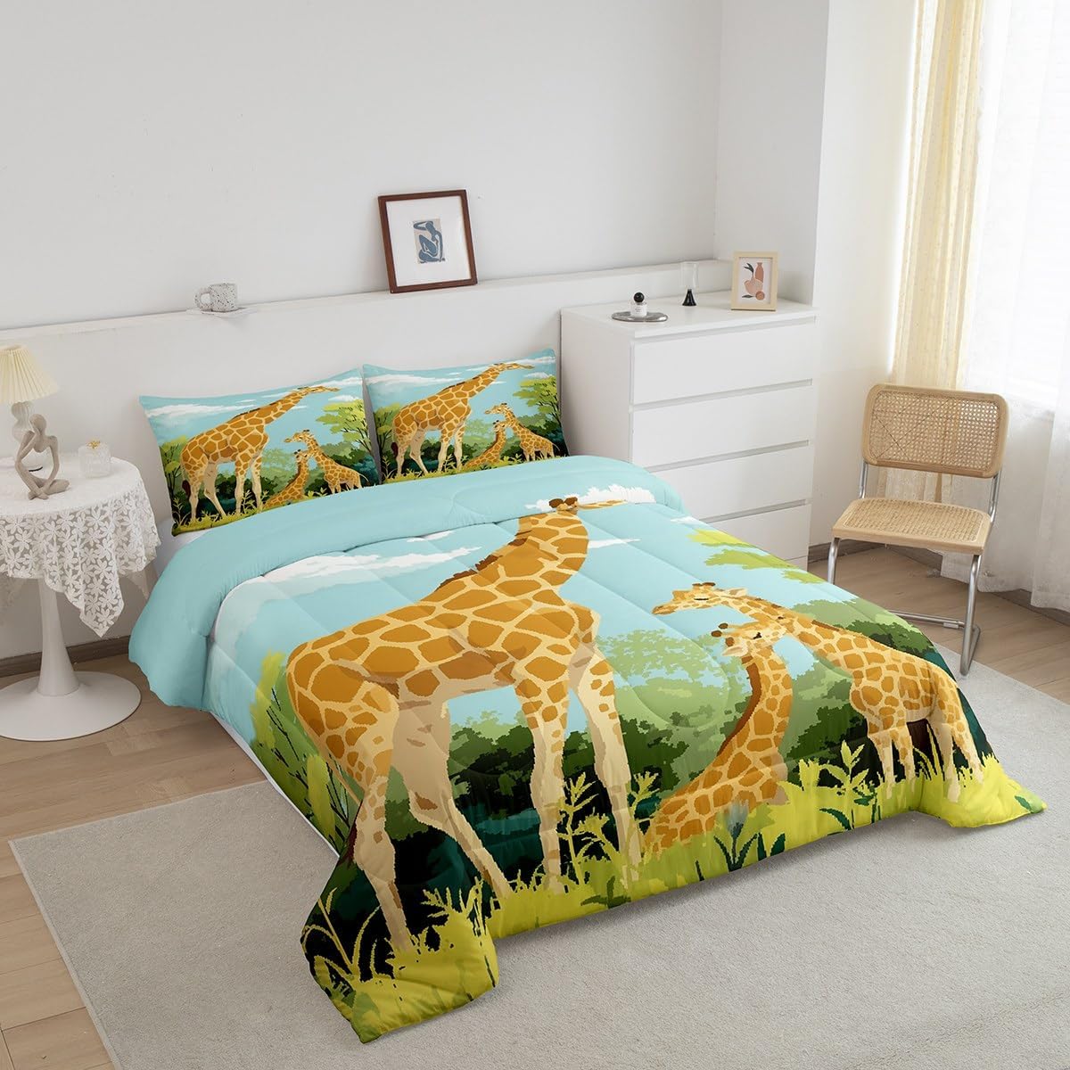 Castle Fairy Cartoon Giraffe Comforter Set Full Size for Kids Cute Tropical Wild Animal Bedding Sets All Season Blue Sky Jungle Trees Quilt Set Bedroom Decor Tallest Neck Animal Down Comforter,3Pcs