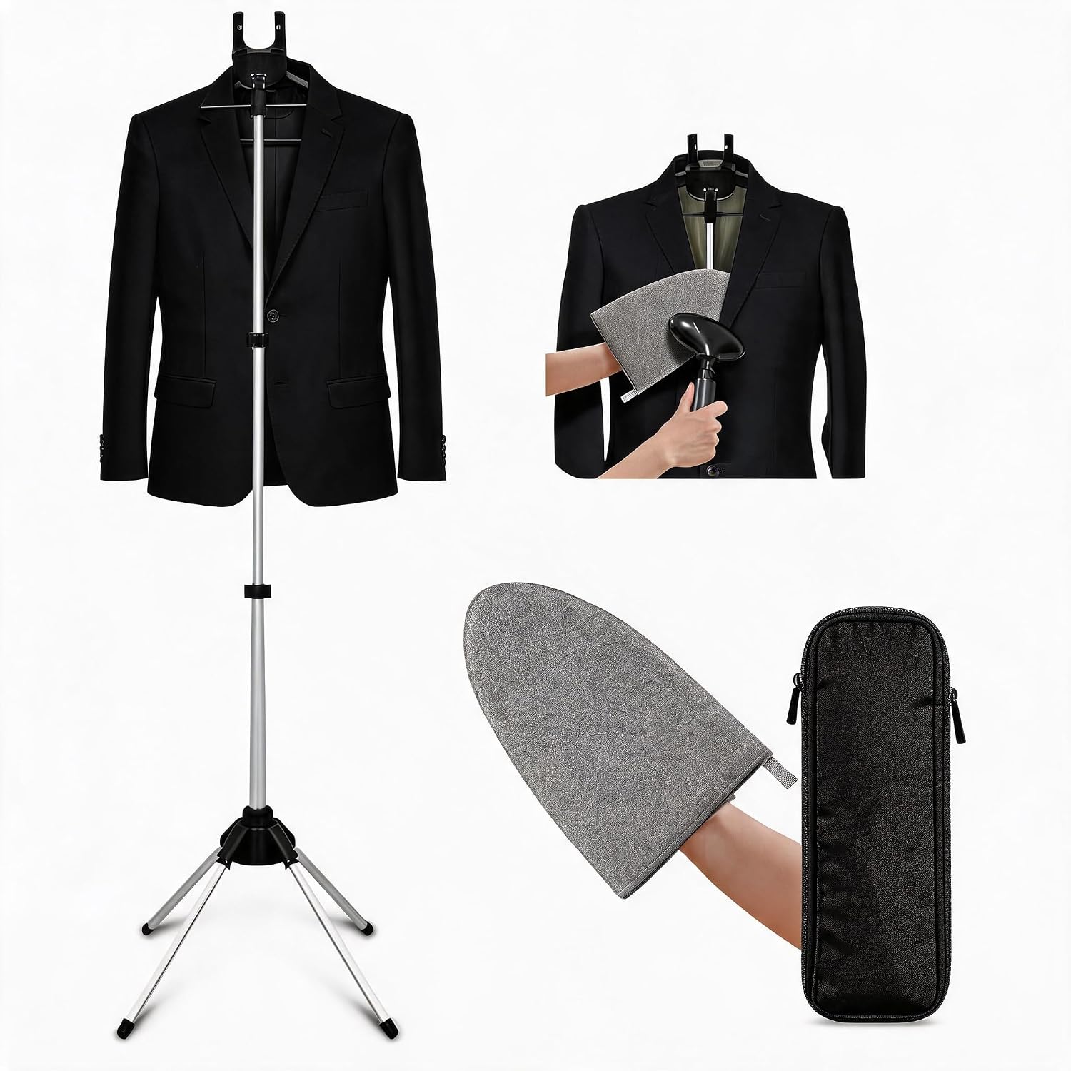Portable Foldable Clothes Garment Steamer Stand for Home & Travel | Heavy-duty aluminum rod, Protective heat-resistant mitt; Mini handheld pressing board, Collapsible station for hotel laundry