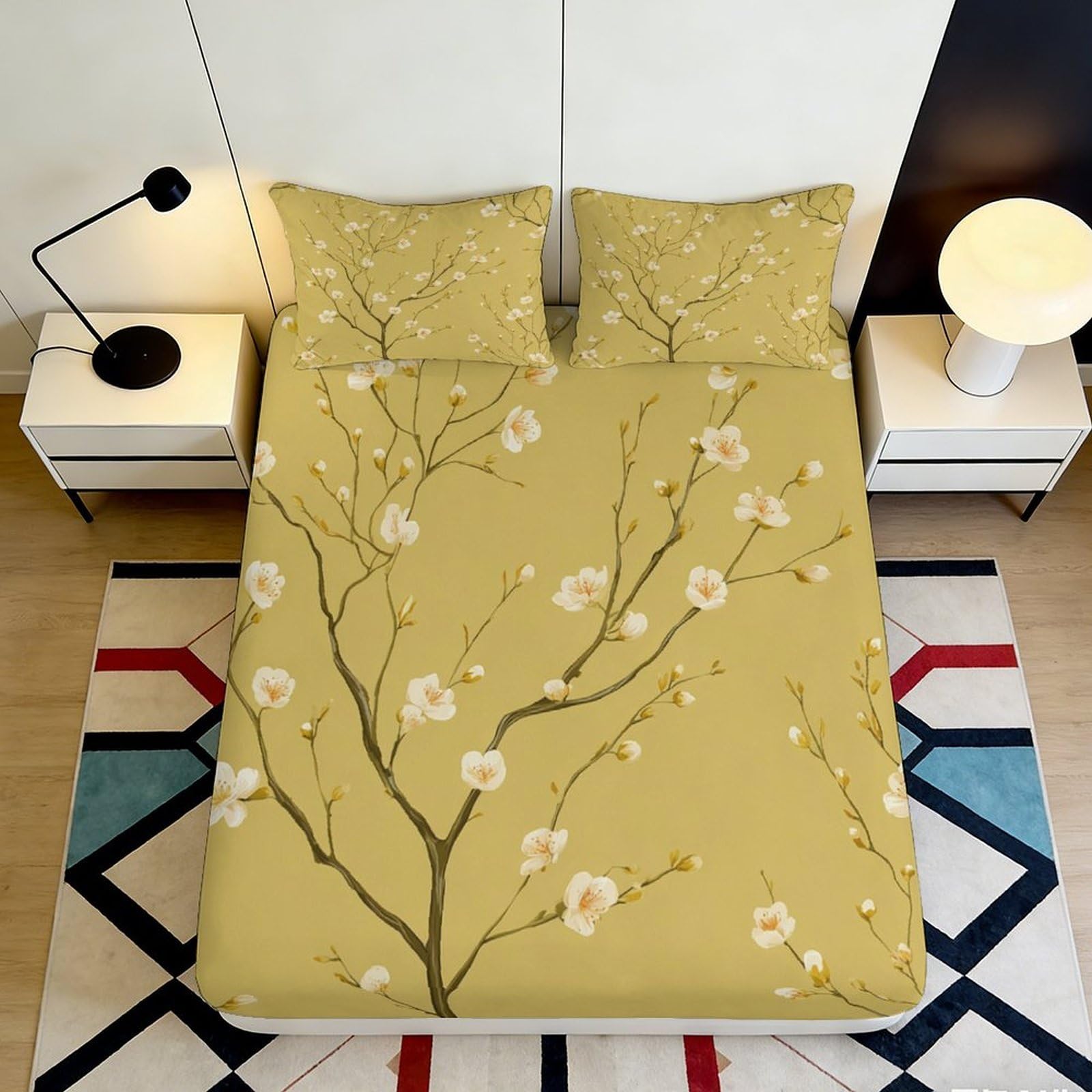 3D Printed Yellow Plum Blossom Fitted Sheet Microfiber Soft Anti-Slip Spring Branch Mattress Cover for Bedroom Decor 180x200x25cm