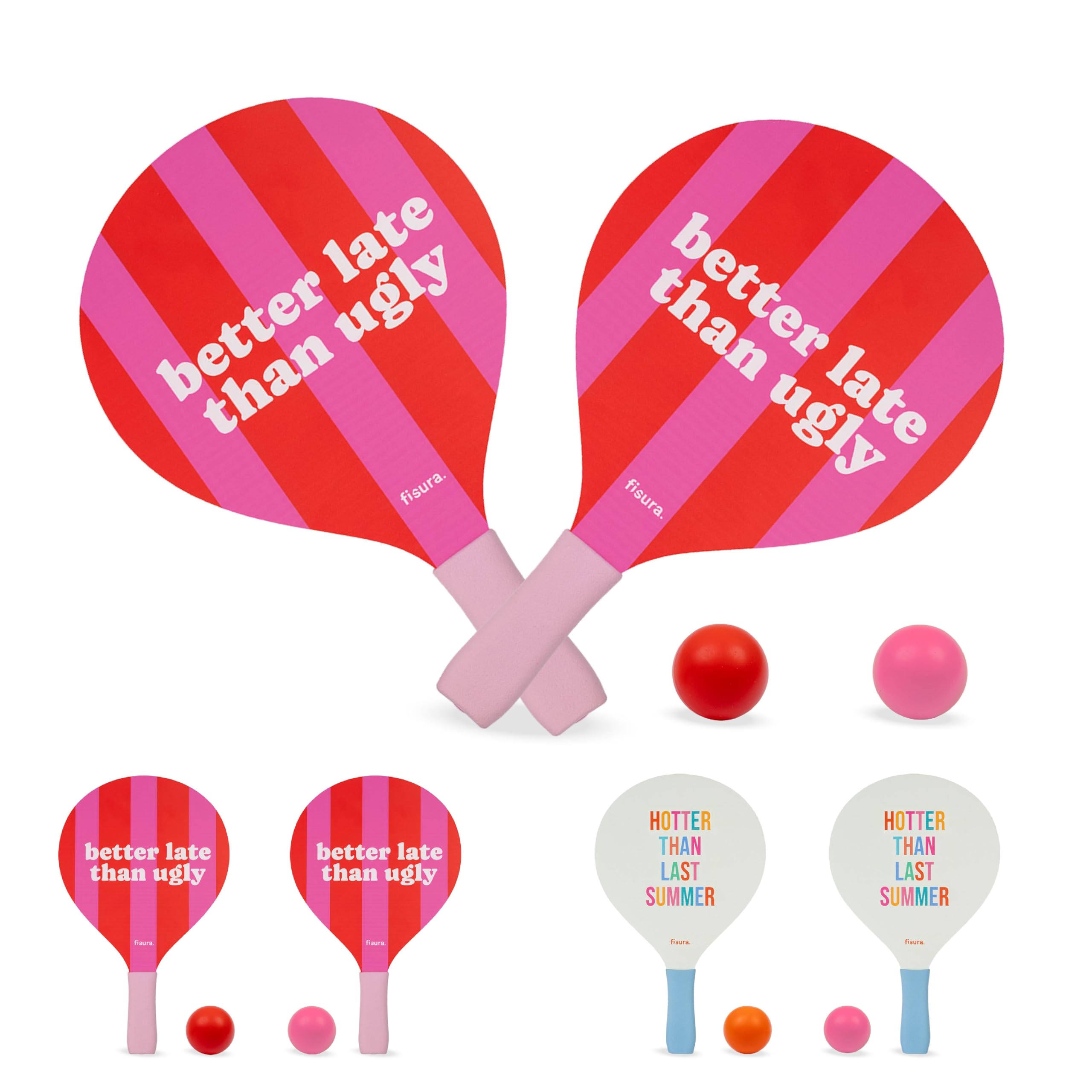 Fisura – Original Beach Paddle Ball Set “Better Late Than Ugly”, Pink and Red Wooden Beach Racket Set with Net Bag and 2 Balls included, Wooden Bat Set for Swimming Pool