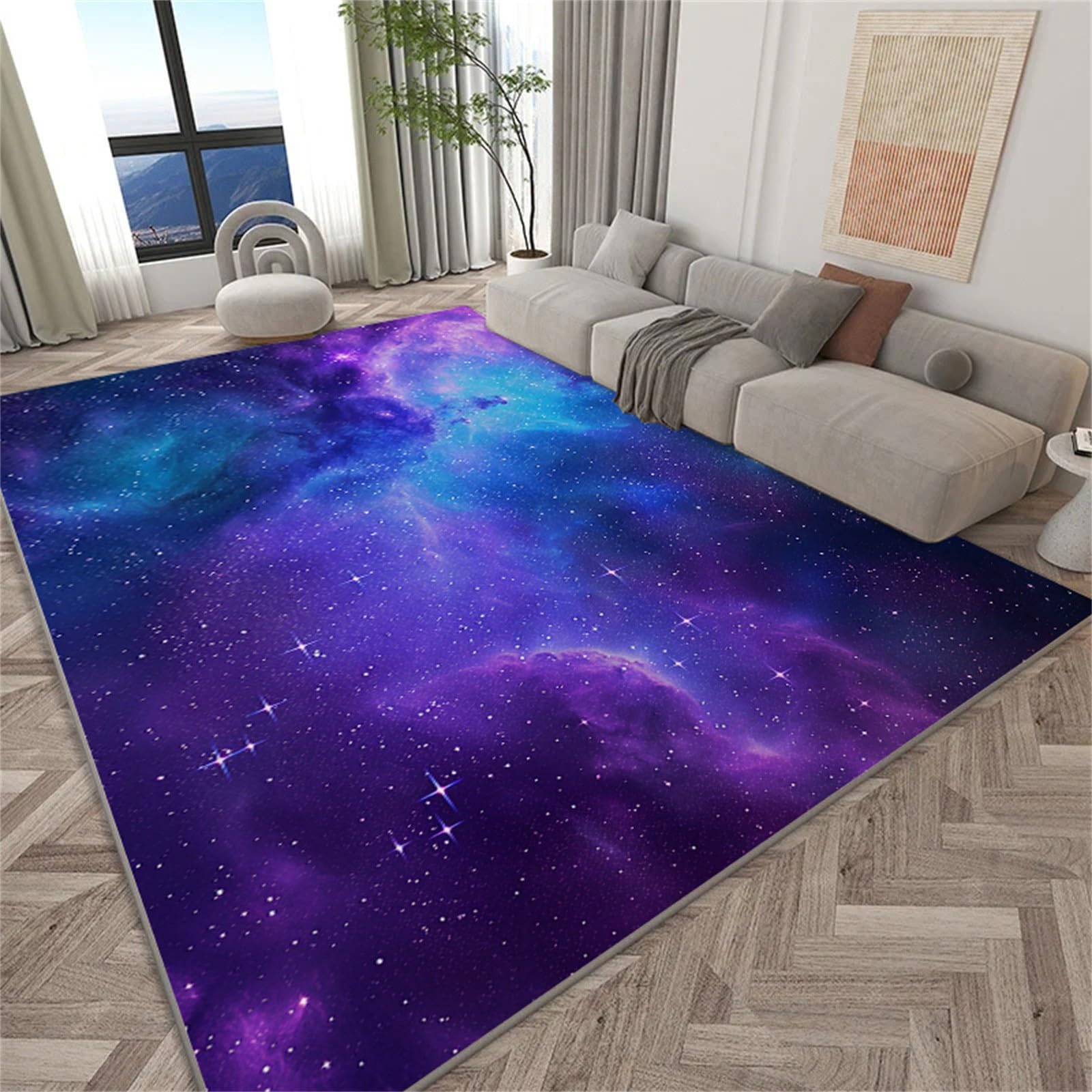 Rutschfester Teppich 120 x 170 cm, Traumgalaxie Nebel Kurzflor Läufer für Wohnzimmer, Lila Weicher Rechteckiger Teppich für Schlafzimmer, Waschbarer Teppichläufer Deko