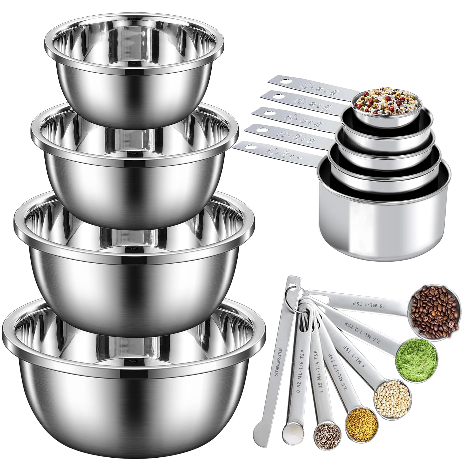 Lot De 4 Bols Mélangeurs En Acier Inoxydable Avec Cuillères