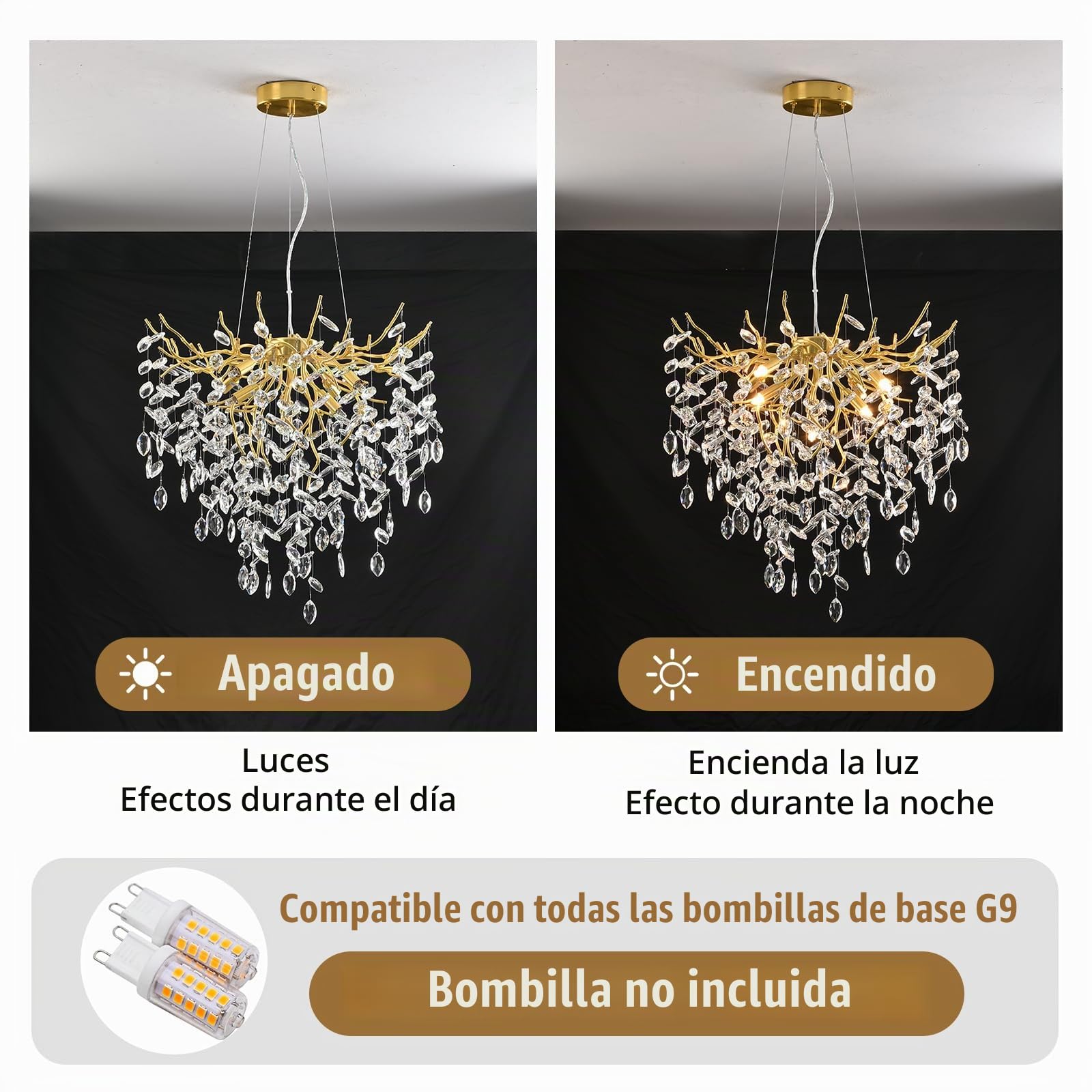 AHXIAOZN Lámpara de Araña Moderna de Cristal, Dorado Lámpara Colgante Oval de Cristal, K9 Cristal colgante de iluminación para sala de estar, comedor, dormitorio, restaurante, Dorado, 60cm