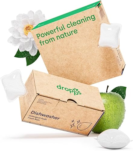 Dropps Cápsulas de detergente para lavavajillas lluvia fresca 32 unidades Platos brillantes Alimentos horneados en alimentos Limpia