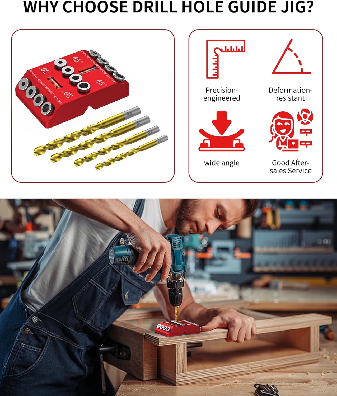 30 45 90 Degree Angle Drill Guide Jig for Hand Drill, Angle Drill Guide for Straight Holes and Angle Drilling, used for Stairs Handrails, Cable Railings, Decks, and Wood Posts Level design，with 4 Bits