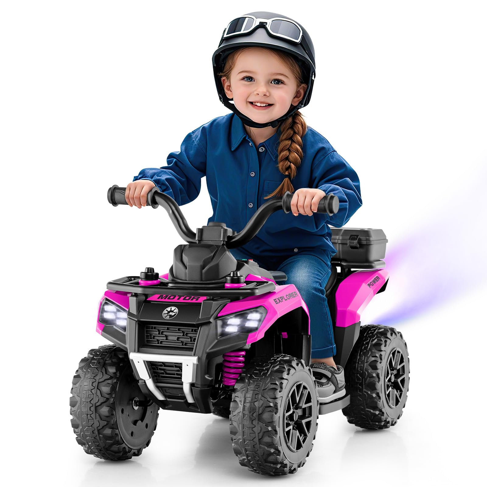 COSTWAY 6V Kids Electric Ride on ATV Car, Battery Powered Quad Bike with Horn, Music, Spray Function, LED Lights, Storage Basket, for 18 Months+ Old Boys Girls (Pink)
