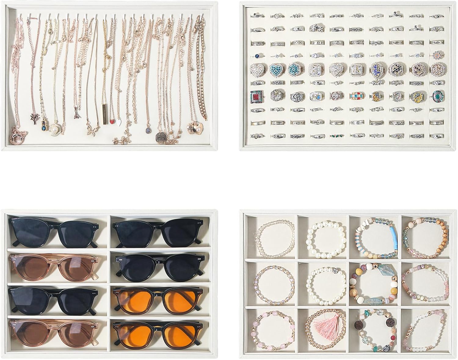 Byken Stackable Jewelry Organizer Trays,5 Pcs Sunglasses Rings Earrings Necklaces Bracelets Storage Dish for Drawer,Velvet Bedside Desktop Storage Dish for Girls (Beige)