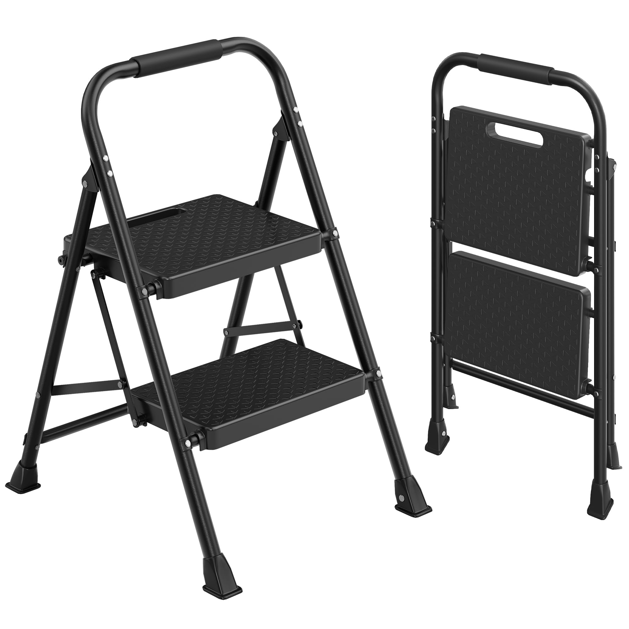 SONGMICS Escalera de Acero, Escalera Plegable de 2 Peldaños, Carga de 150 kg, para Casa, Oficina, Jardín, 54,5 x 46,5 x 79 cm, Negro GSL202BZ01