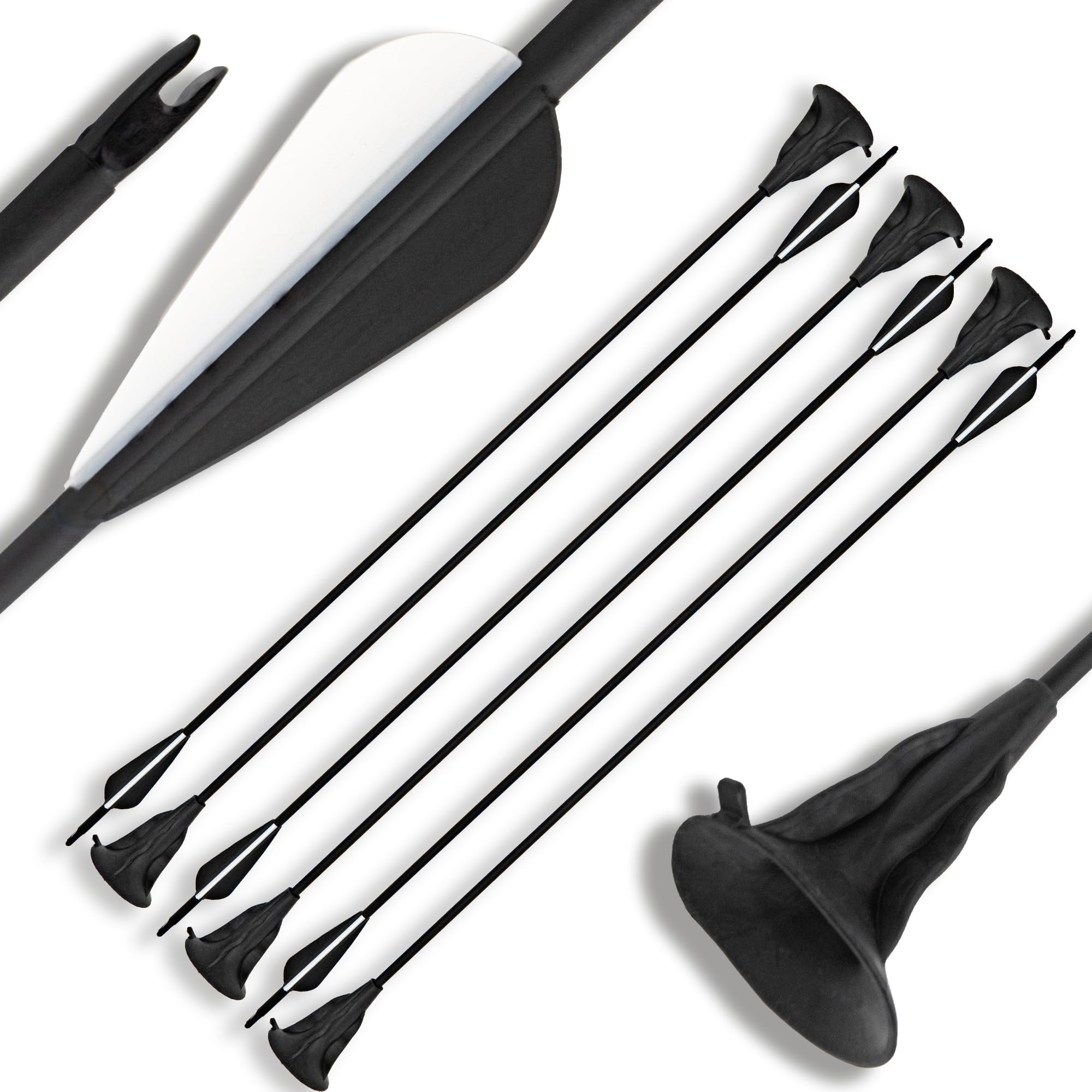 BOWRILLA® 6er Pack Ersatzpfeile für Einsteigerbögen bis 20 lbs | Saugnapf Pfeile für Bogenschießen, 1200 Spine, ID4.0mm, 3 Zoll Kunststoff Vanes und justierbaren Stecknocken