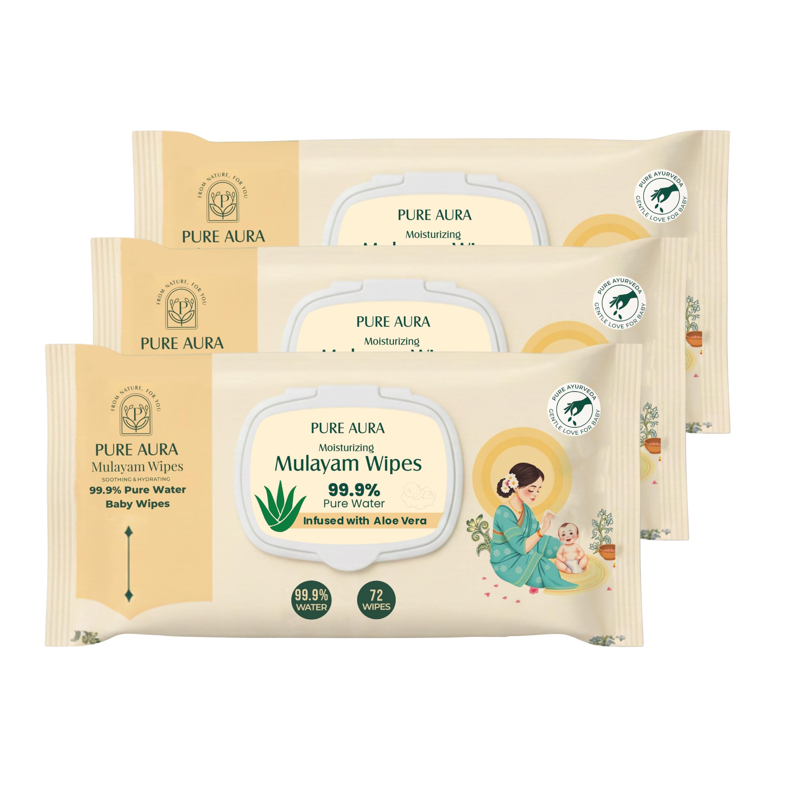 Pure Aura Baby Wipes with 99.99% Pure Water | Pack of 3 (216 Wipes) | Ultra Soft & Thick | Natural Plant-Based | Infused with Aqua & Aloe Vera | Gentle & Safe for Newborns-image-42