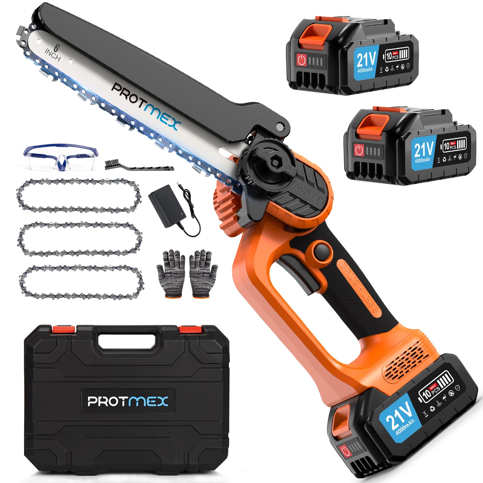 Protmex Mini Chainsaw Cordless 6 Inch - 8000mAh Electric Saws for 80-100 Minutes No Oiling Required Security Lock Cordless Chainsaw with Battery and Charger for Cut Wood Tree Trimming Courtyard Garden