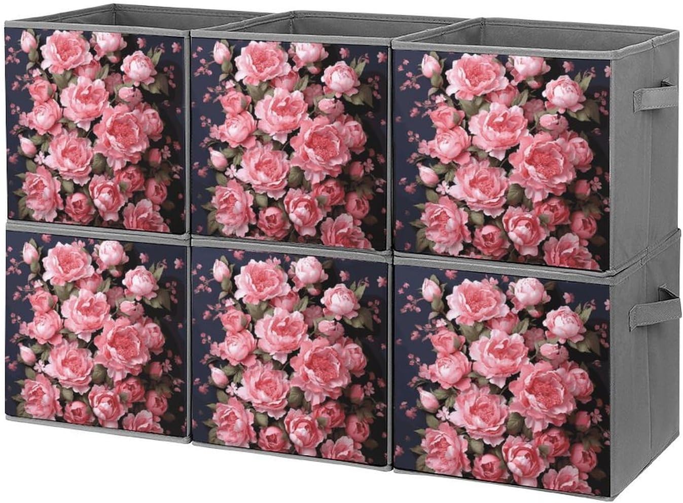 Peony Flowers Storage Cubes Set of 6 Storage Bins with Handles Collapsible Storage Basket Fabric Storage Box for Shelves Large Closet Shelf Organizer for Organization 11 Inch