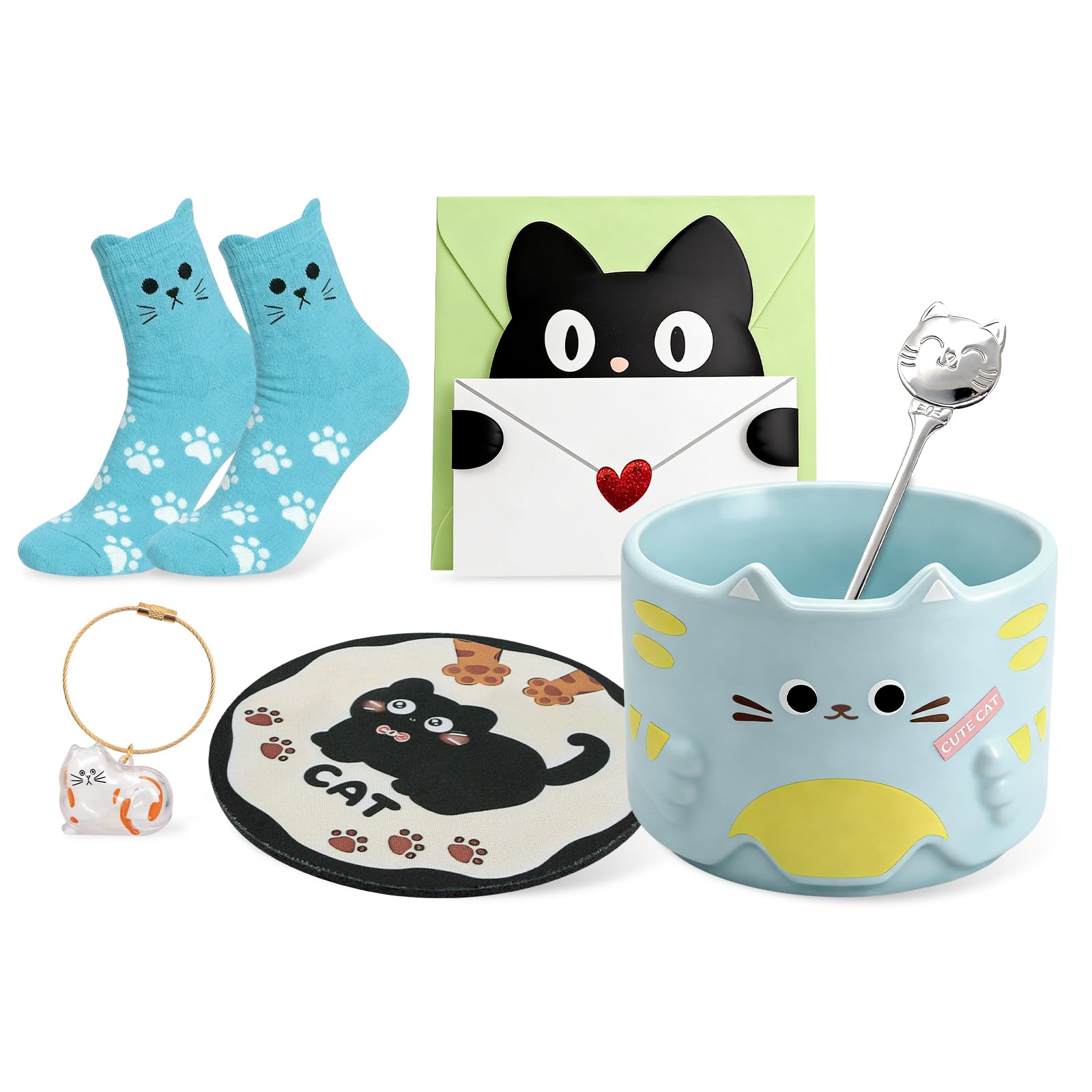 Qinhai Cute Cat Mug Set, Stackable Coffee Cup, Cat Lovers Gifts for Women Men Mum Her Girl Boy Teacher Friend, Christmas Valentines Mothers Day Easter Presents Idea (Blue)