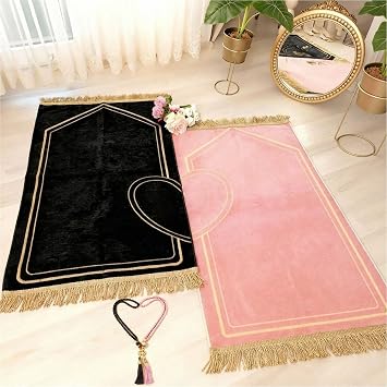 Drydiet 2 Pcs Muslim Couple Prayer Rug Set Heart Design with 2 Pcs Prayer Beads Islamic Muslim Gift Black and Pink Travel Mat Soft Velvet Mat for Couple Women Men Ramadan Eid Wedding Birthday