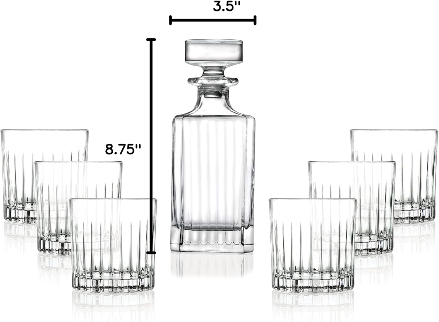 Whiskey Decanter and Tumbler 7 pc Set - Glass - For Whiskey, Liquor, Scotch, Bourbon - 25 oz. Square Decanter with 6-10.5 oz. Double Old Fashioned Tumblers- By Barski - Made in Europe