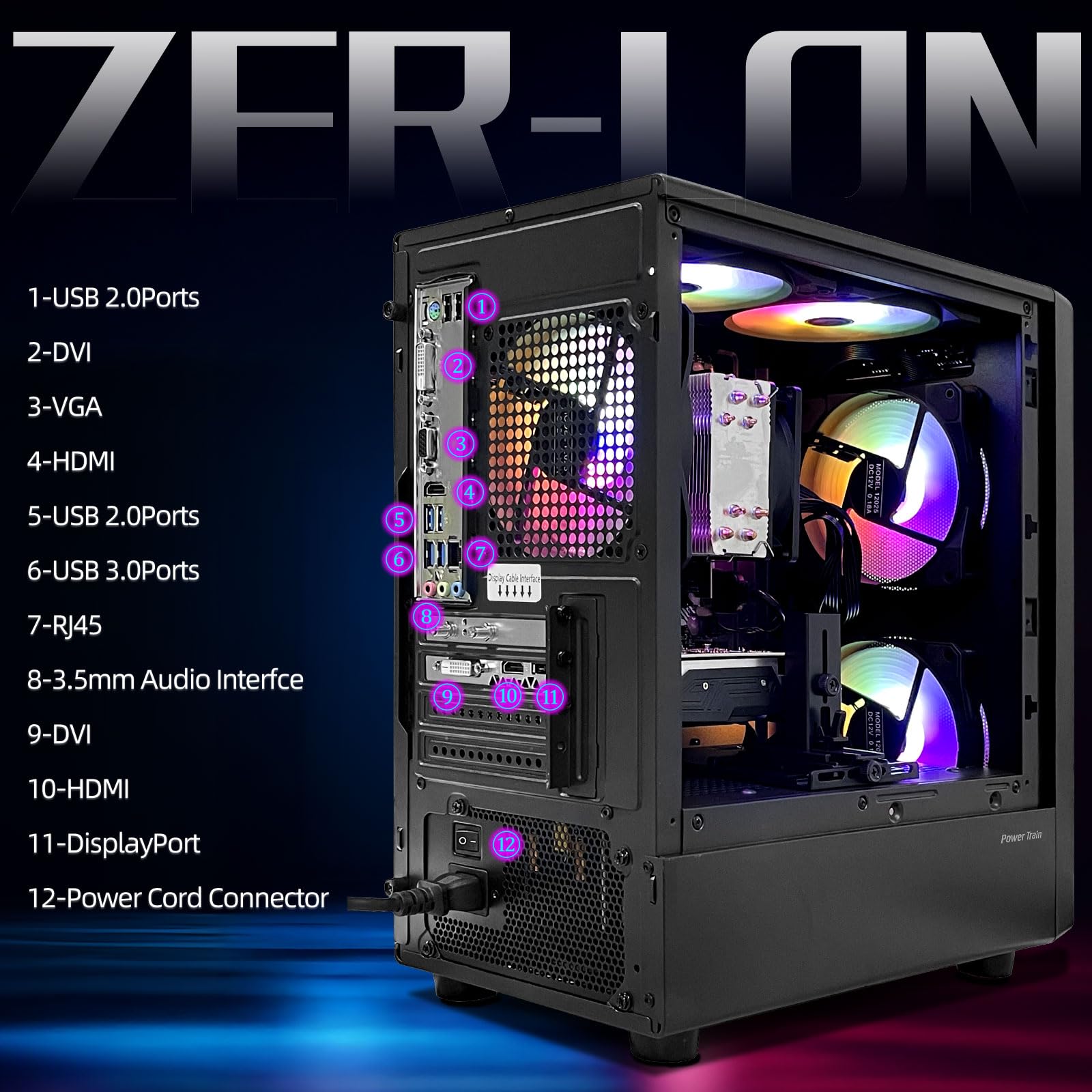 ZER-LON Gaming PC Desktop Computer, Intel Core I5 up to 3.6GHz, RX 550 4G GDDR5, 16G DDR3 RAM, 512GB NVME SSD, WiFi 5.0, Prebuilt Gaming PC Tower Computer with 5 RGB Fan — view 4