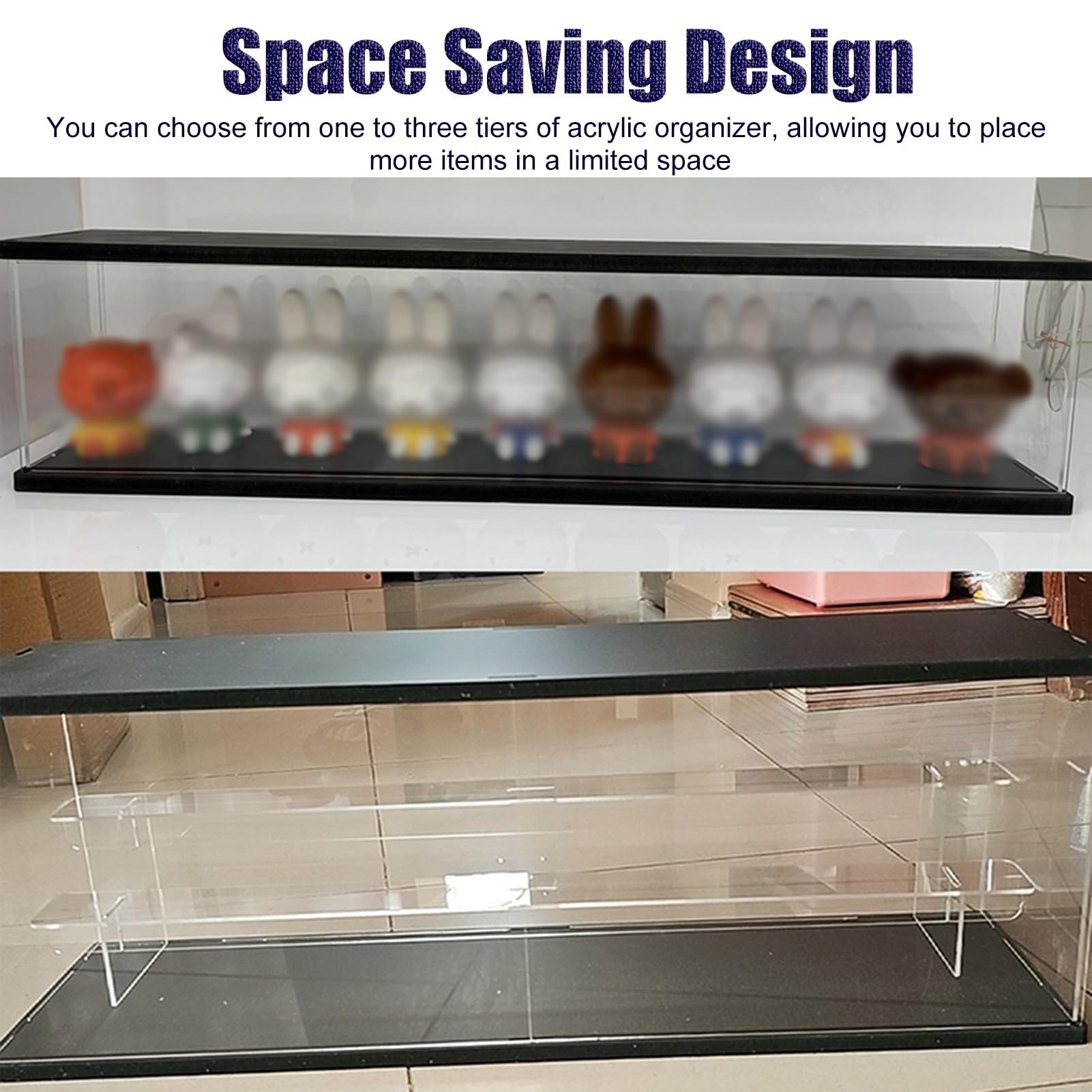 Teca Plexiglass Vetrina Lunga in Acrilico Trasparente con Ripiani, Scatola Portaoggetti per Diverse Piccole Bambole con Ante, Espositore per Modelli da Collezione/Artigianali(2-Layer)