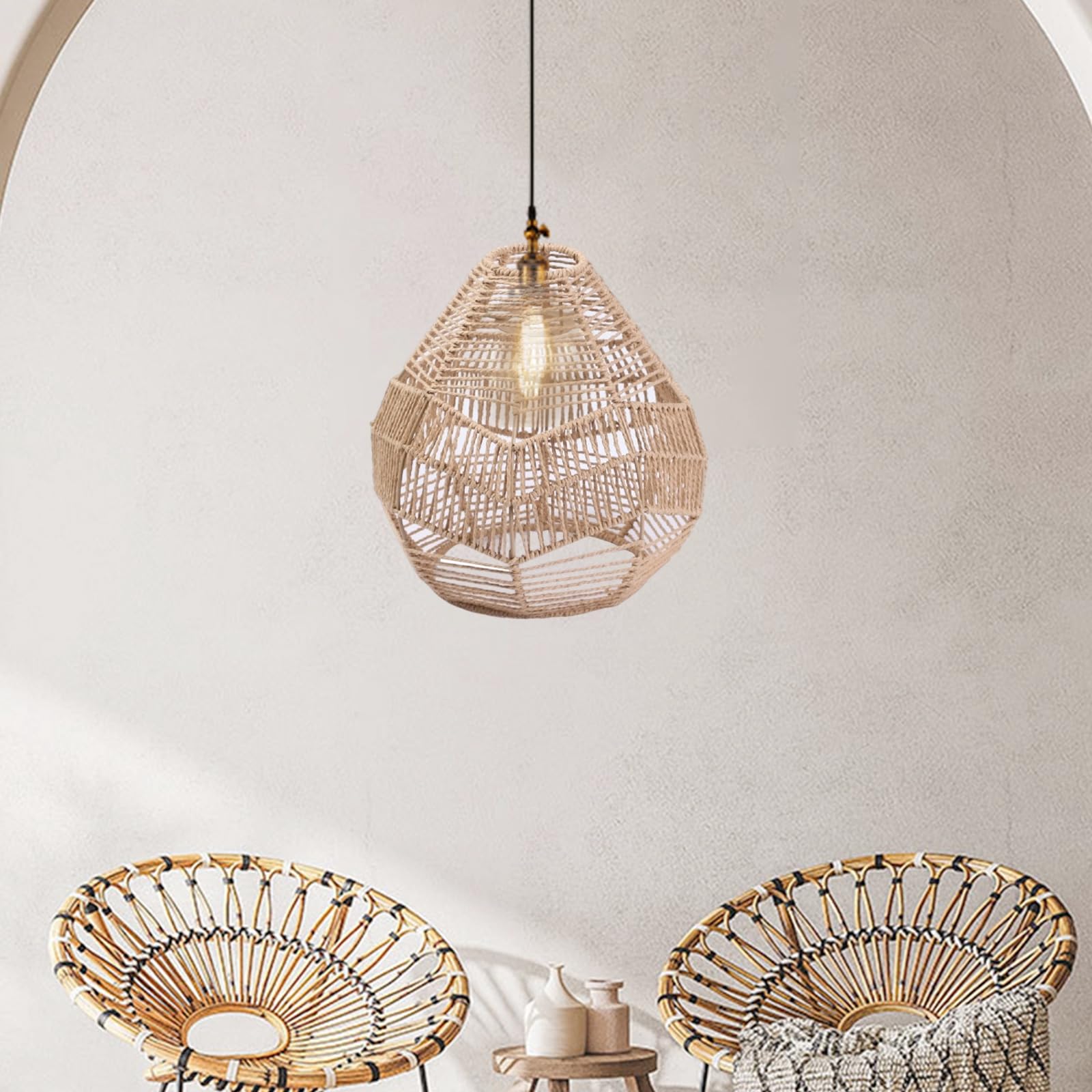 Baoblaze Rattan Lampenschirm Hängend, Korb Lampenschirm für Hängelampe, Boho Lampe Pendelleuchte, Rattan Bambus Hängeleuchte Esstischlampe für Schlafzimmer Flur Küche Esstisch
