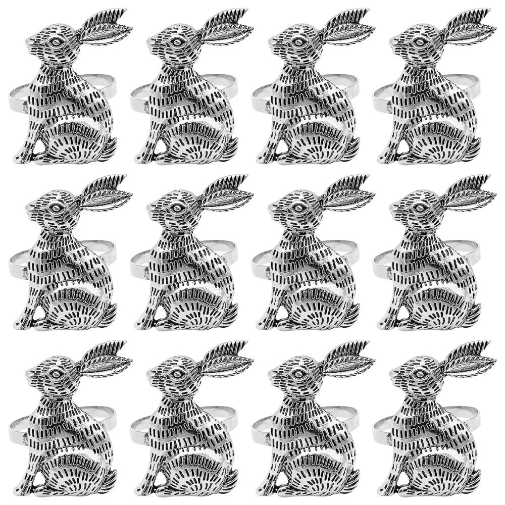 Bdkmms Silver Easter Bunny Napkin Rings, 12Pcs Zinc Alloy Rabbit Napkin Buckles Cute Serviette Ring Holders For Easter Party Weddings Banquet Dinner Table Decoration