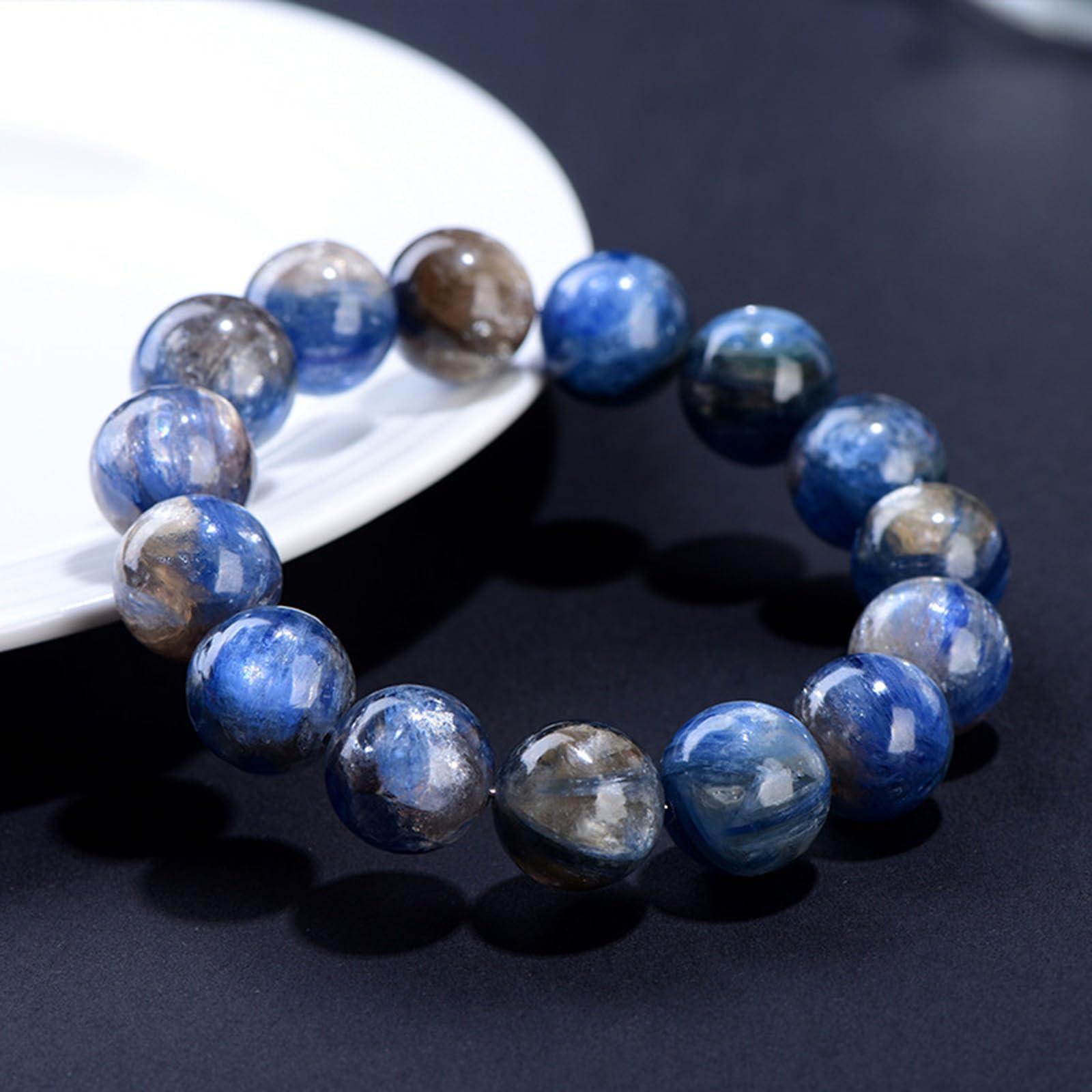 Bracciale da donna in cianite simbiotica "Old-Mine" – Gioiello con pietre | Regali di gioielli in cianite fatti a mano per donne, braccialetti elasticizzati con perline di cristallo