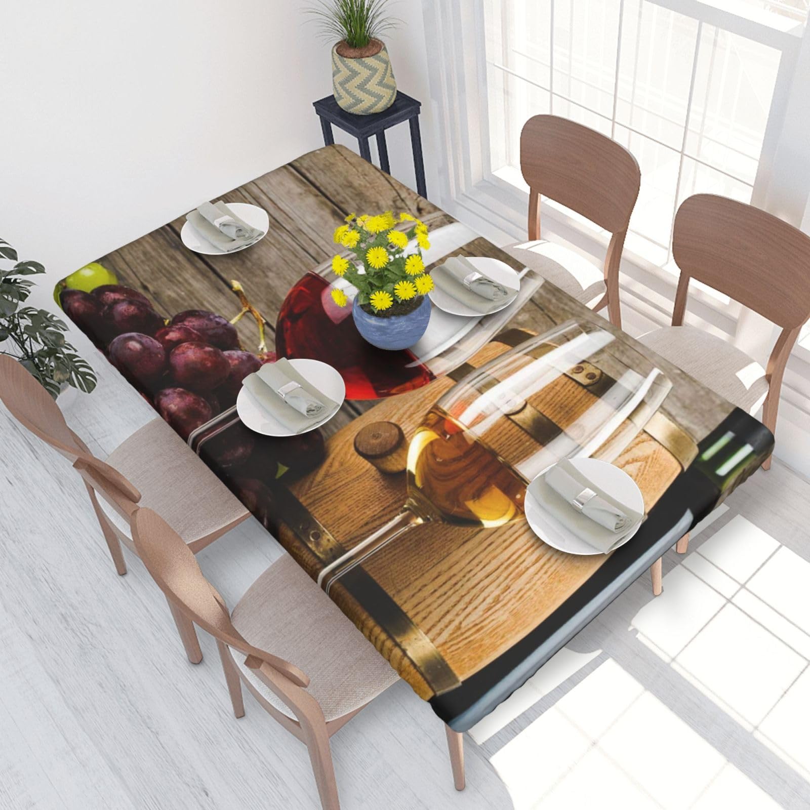 BNVSADC Red Wine Galsses & Grapes with Wooden Printed 4FT Tablecloth 122x76 CM Polyester Kitchen Water Resistant Table Cloth Dining Table Decoration Table Covers