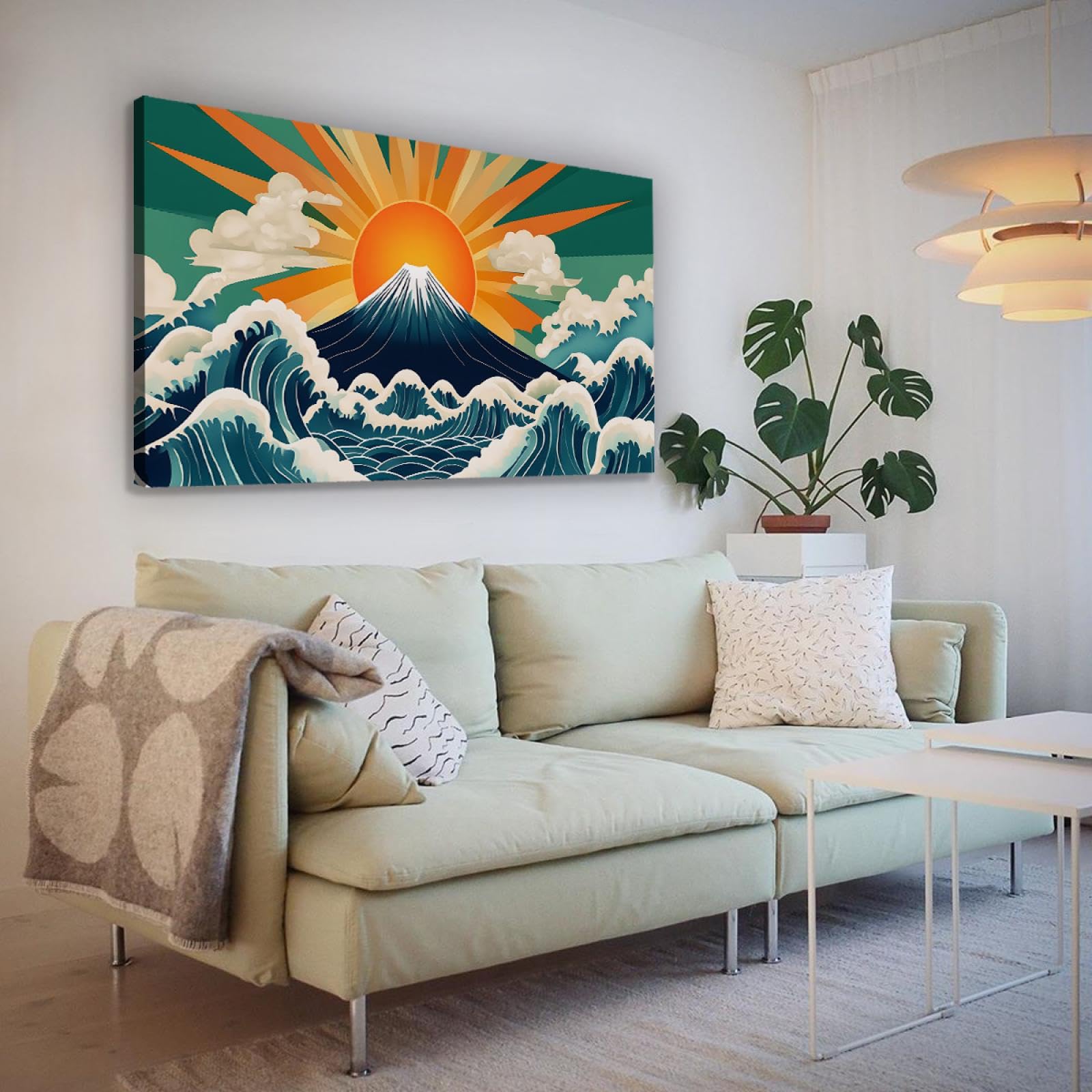 TOANGWALL Minimalistyczny styl duży plakat na płótnie wydruk japoński Ukiyoe Kanagawa fale góra Fuji słońce obraz obraz sztuka ścienna do akademika dekoracja 60 x 105 cm bez ramy