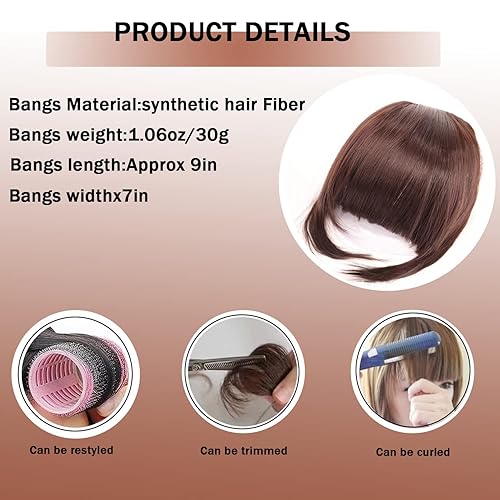 Miniatura 3 de Flequillo con clip, extensiones de cabello con flequillo francés, flequillo curvado para mujer (flequillo francés, marrón oscuro)