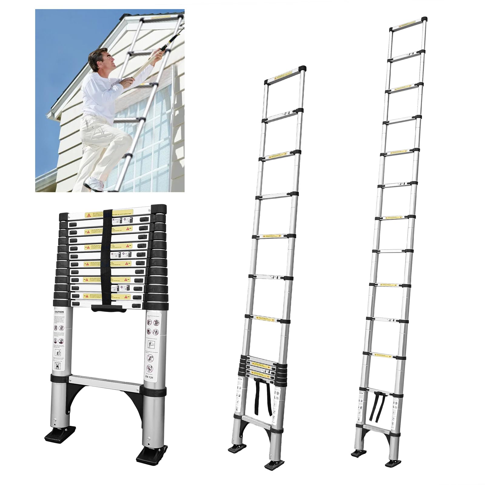 JADDUO Telescopic Folding Ladder Non-Slip 3.8 m Retractable Steps Aluminium DIY Store Foldable Extendable Unique Right-Hand Multifunctional Ladder Load Capacity 150 kg