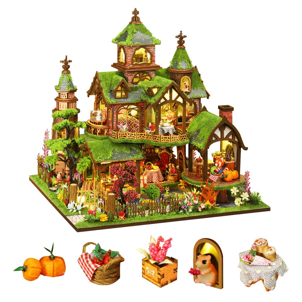 Fantasy Las DIY zestaw do budowania domku dla lalek, domek dla lalek z drewna do montażu, puzzle z meblami i oświetleniem LED, kreatywny prezent dla chłopców i dziewczynek
