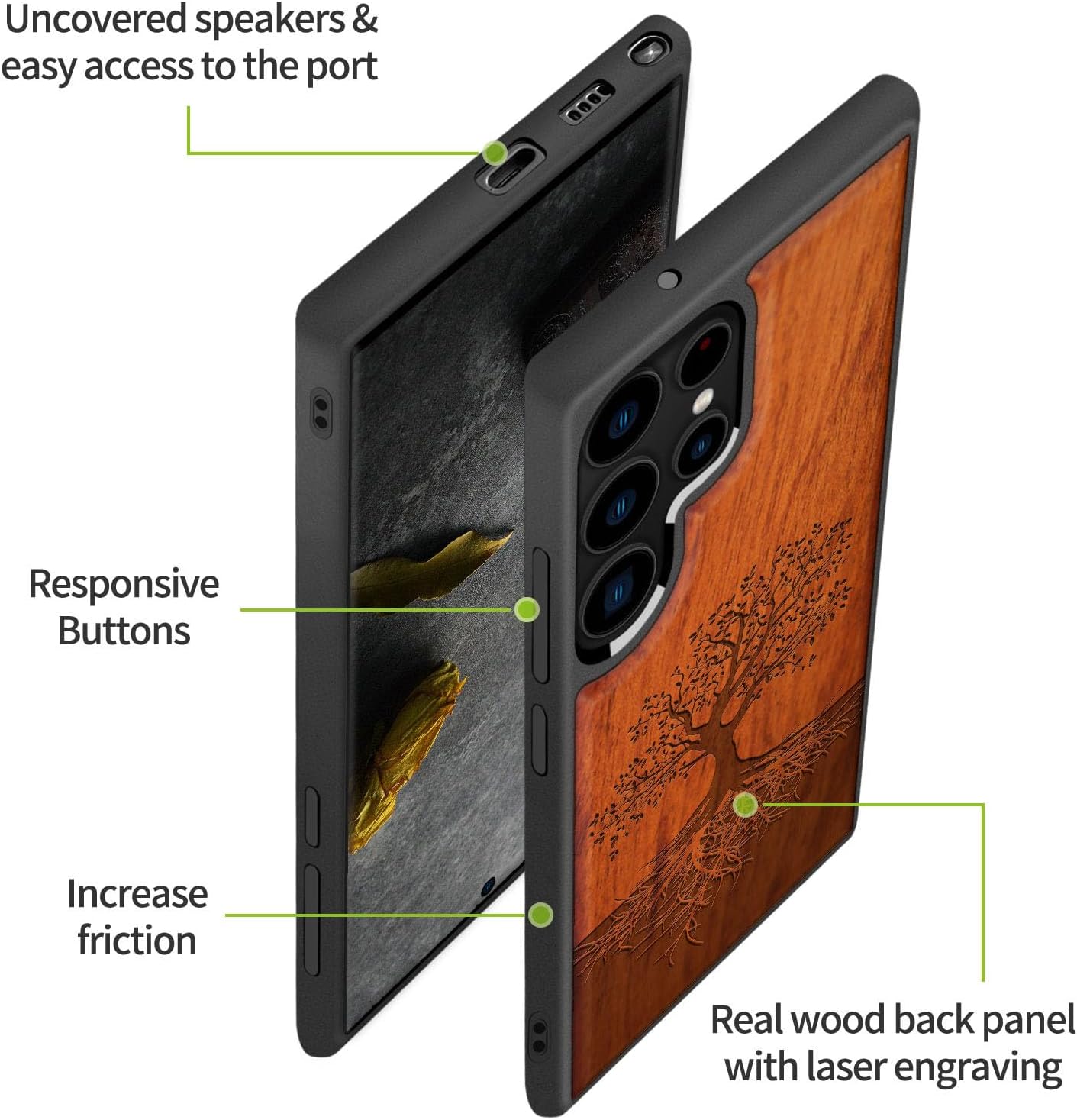 Carveit Wood Case for Galaxy S22 Ultra Case [Hard Real Wood & Soft TPU] Shockproof Protective Cover Unique & Classy Wooden Design Compatible with Samsung S22 Ultra (Tree with Roots Carving-Rosy)